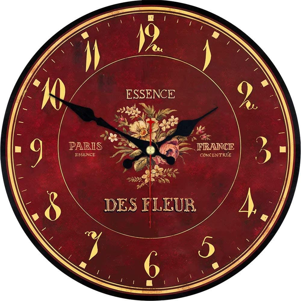 ShuaXin Simple Brownish Red Wooden 14 Inch Wall Clocks,Large French Country Style Flowers Design Creative Arabic Numerals Coffee Bar Decor Wall Clock