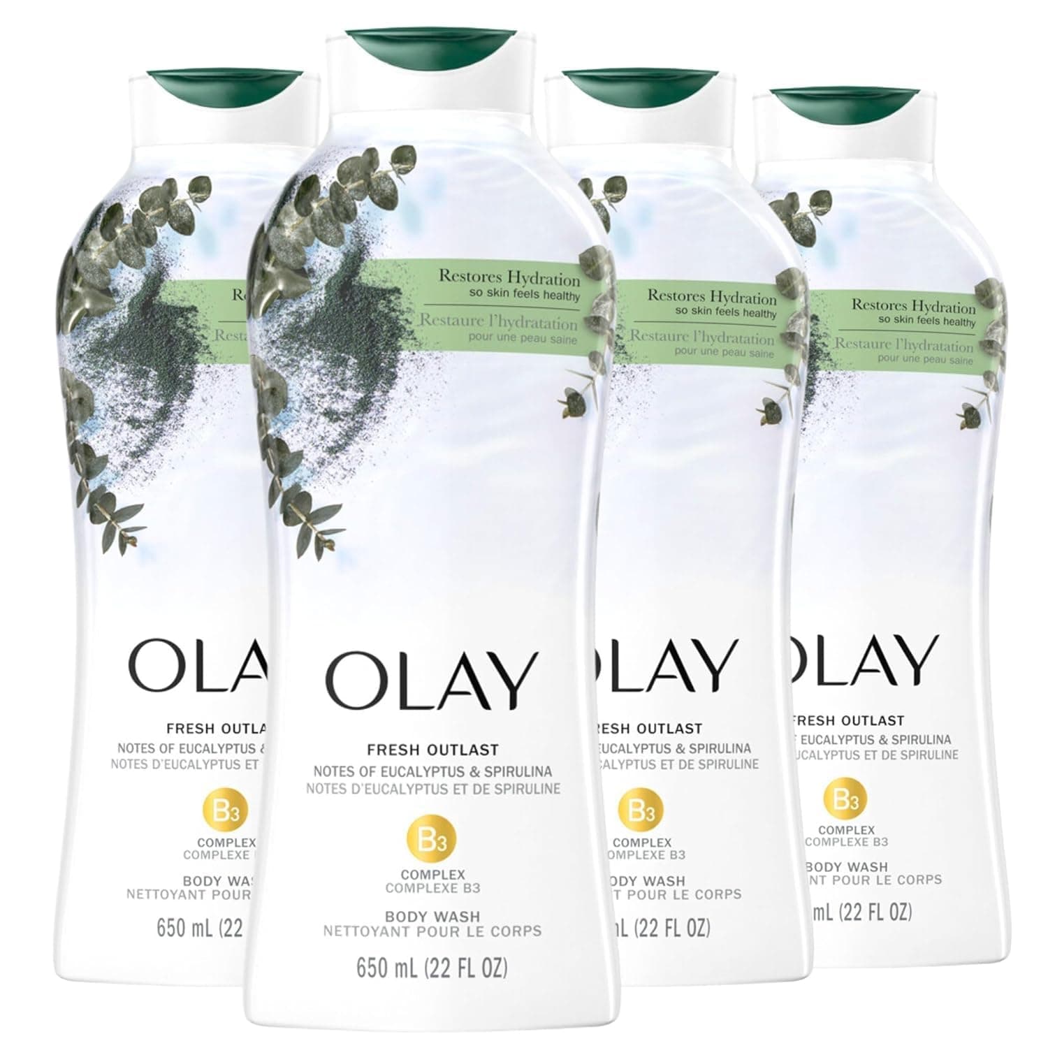 Olay Body Wash for Women, Fresh Radiance, Refreshing & Renewing, Made with Plant Based Cleansers, B3 Botanical Complex, For All Skin Types, Eucalyptus & Spirulina Scent, 22 fl oz (Pack of 4)