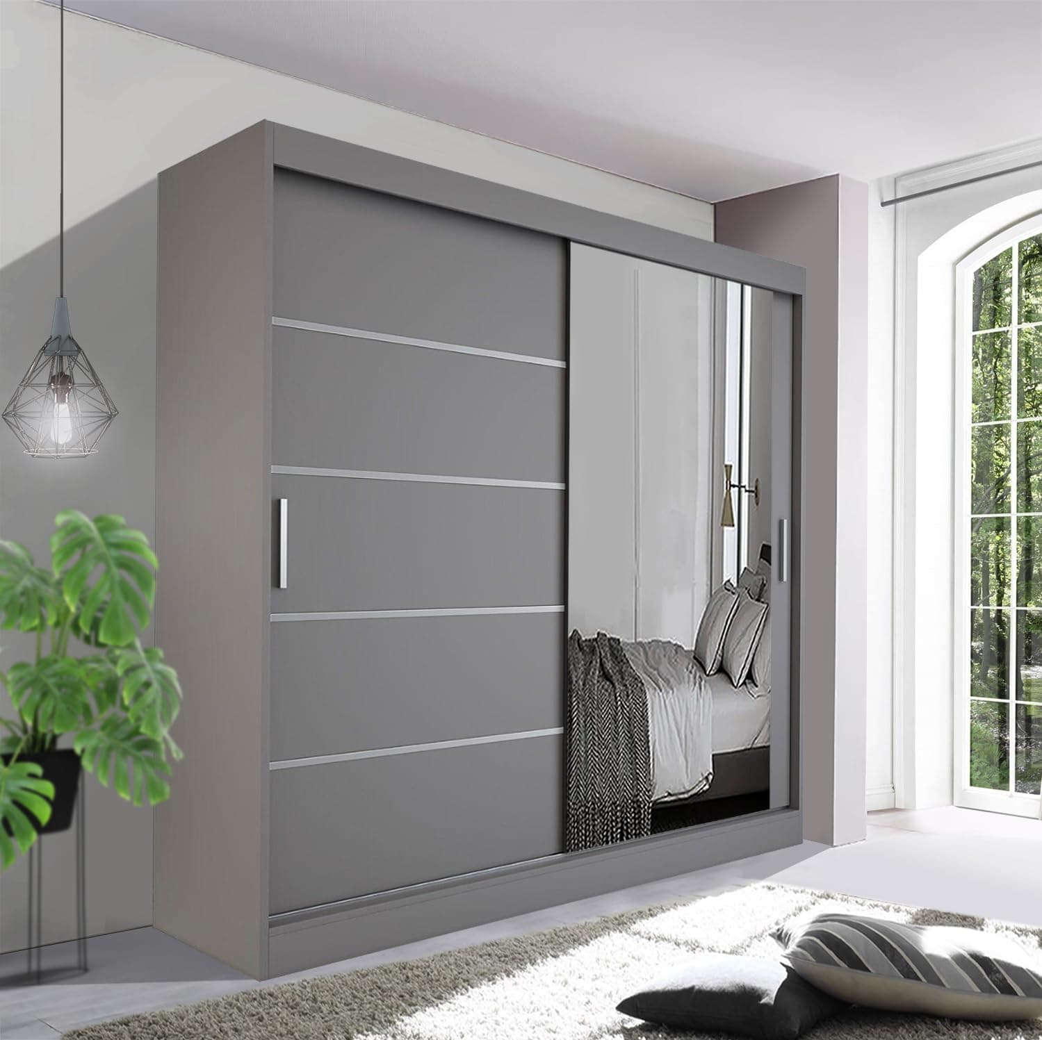 Spacious Bedroom Sliding Wardrobe - Sleek and Functional Design comes in White/Grey/Black/Oak and Width 120cm/150cm/180cm/203cm/250cm (Grey, 150cm)