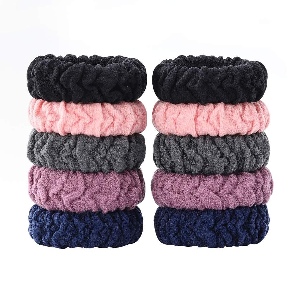 Thick Hair Ties Cotton Hair Bands Ponytail Holders No Crease Hair Rope for Women Ladies, Red, Pink, Black, Blue, Grey (10 Pack)