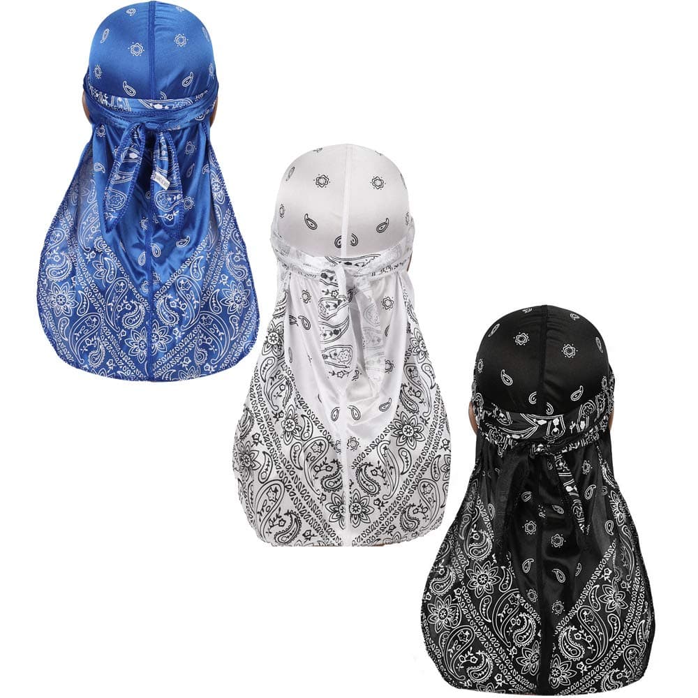 Assorted Paisley Bandana Doo rag Cap Headwraps Men's Women's Silk Durag with Long Tail and Wide Straps for 360 Waves