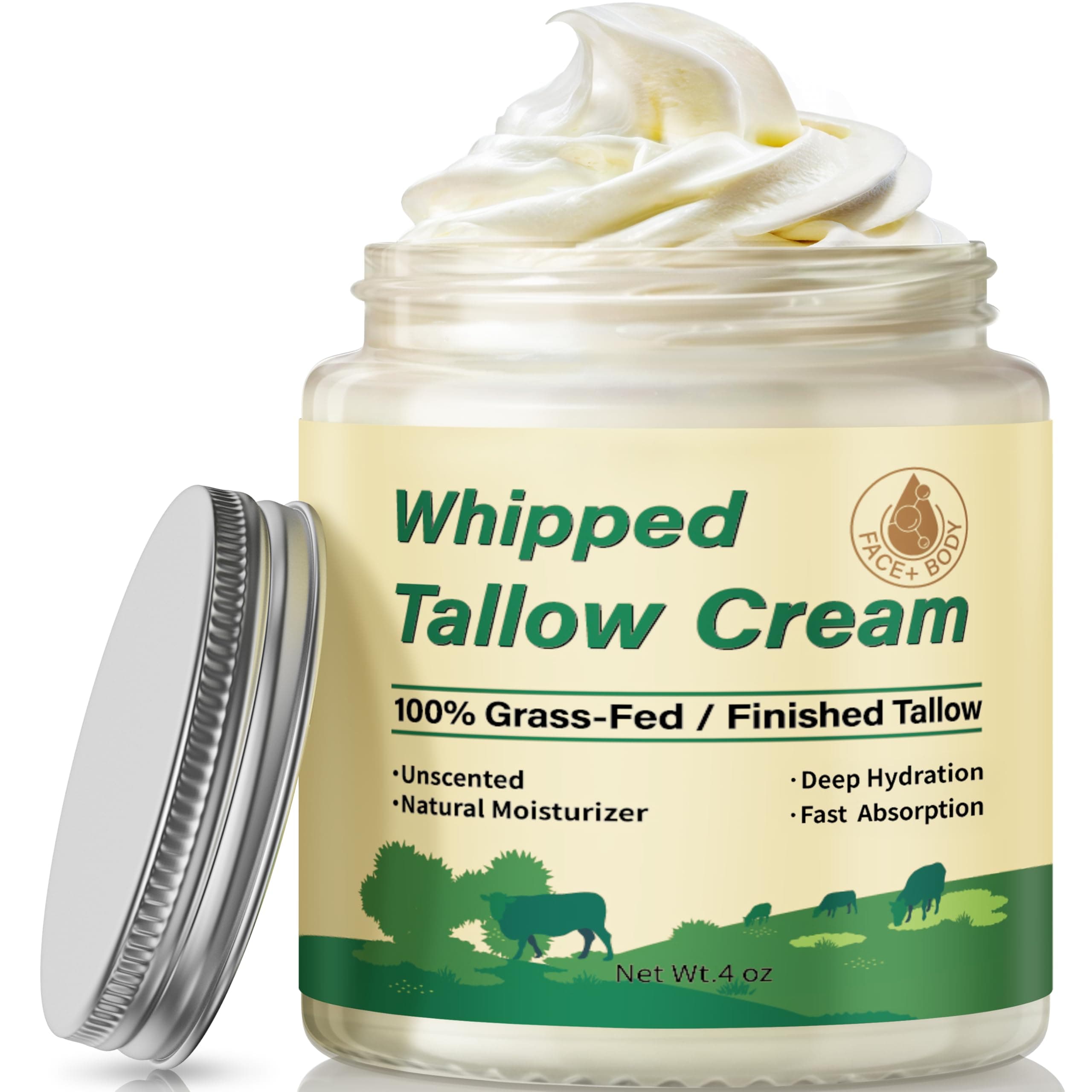 Beef Tallow for Skin, Organic Grass Fed Whipped Beef Tallow Balm for Face & Body, Natural Unscented Tallow Face Moisturizer Cream Deeply Nourishes and Hydrates the Dry Skin, 4oz