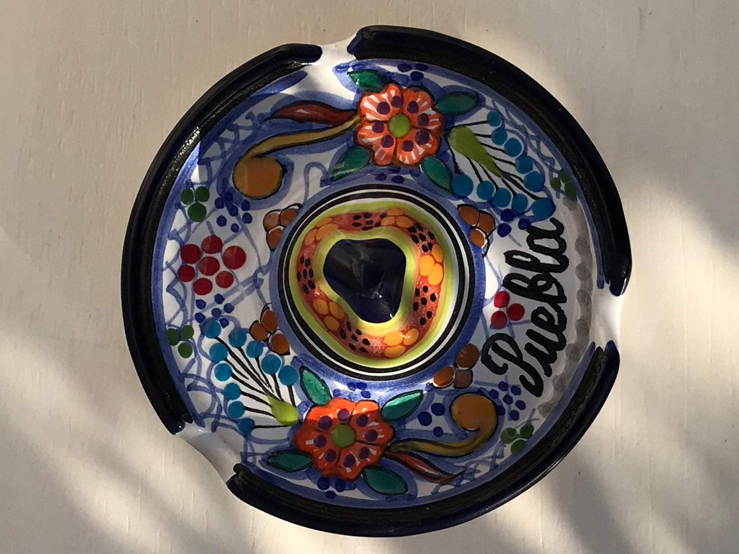 Talavera Ceramic Sombrero Ashtray 4 1/2'' Modern Art Design Authentic Puebla Mexico Pottery Hand Painted Design Vivid Colorful Art Decor Signed [Lime Top]