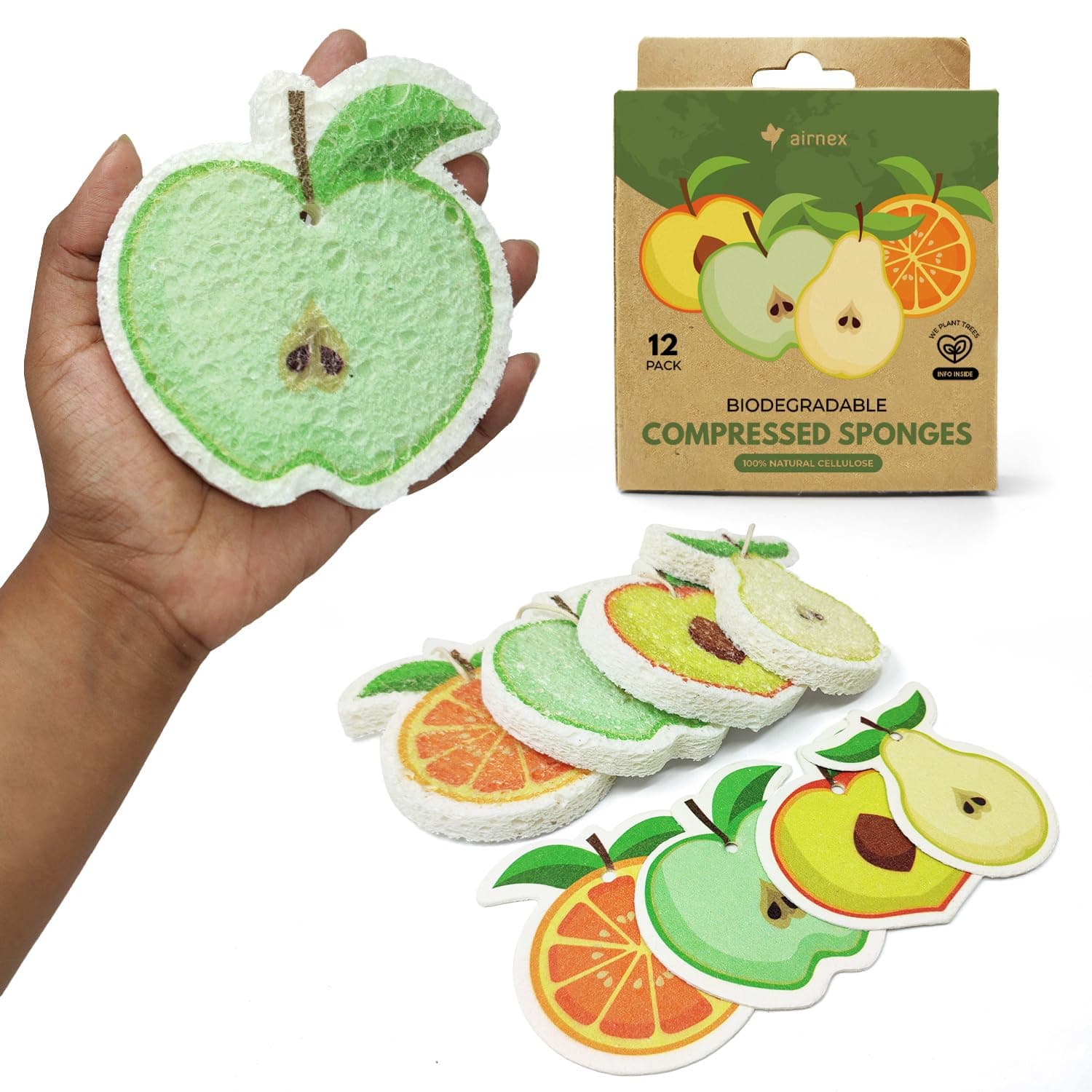 Biodegradable Cellulose Compressed Sponges - Pack of 12 Fruit Shaped Kitchen Sponges for Cleaning - Heavy Duty and Natural Household Cleaning Sponges Good for Kitchen, Bathroom, and Surfaces