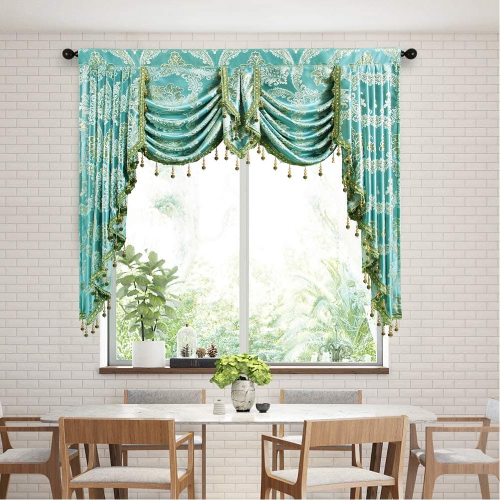 ELKCA Golden Jacquard Swag Waterfall Valance Luxury Curtain Valance for Living Room (Damask-Blue, W59 Inch, 1 Panel)