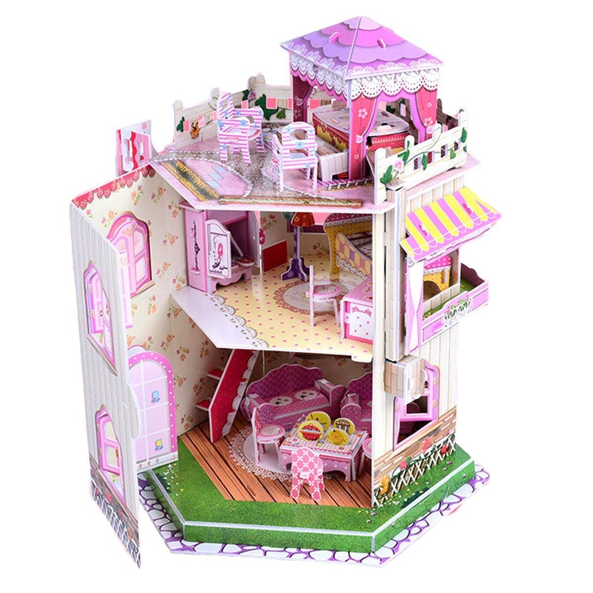 Rooftop Romance 3D Puzzle Dollhouse for Girls - Easy to Assemble 3-D Miniature Doll House Building Kit with LED Light for Kids - Educational Paper Jigsaw Puzzles - Perfect Craft Toys Gift - 101 Pcs