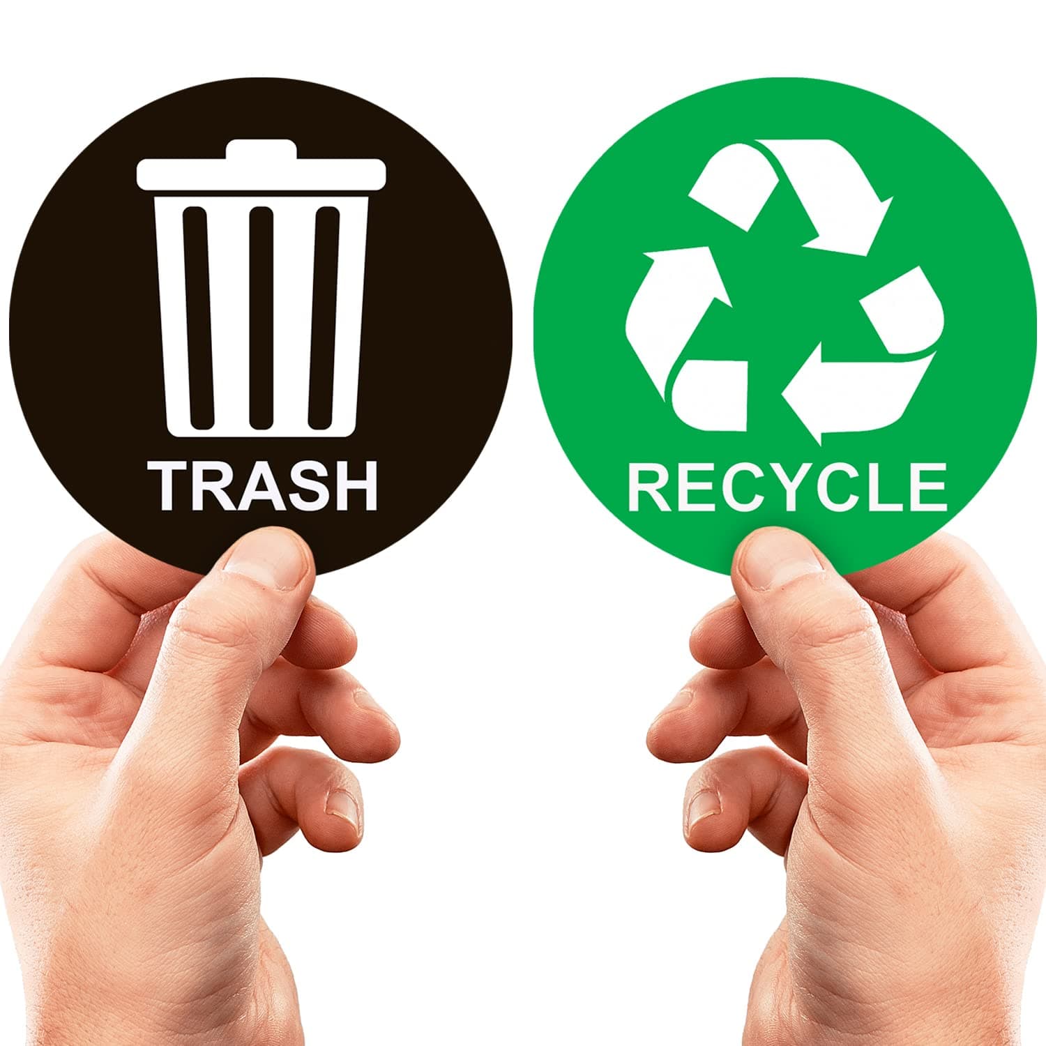 Recycle Sticker for Trash Can - Perfect Bin Labels - 5" by 5" - Ideal Signs for use on Home or Office Refuse Bins - Suitable for Indoor and Outdoor use - 2 Pack - Green for Recycling, Black for Trash