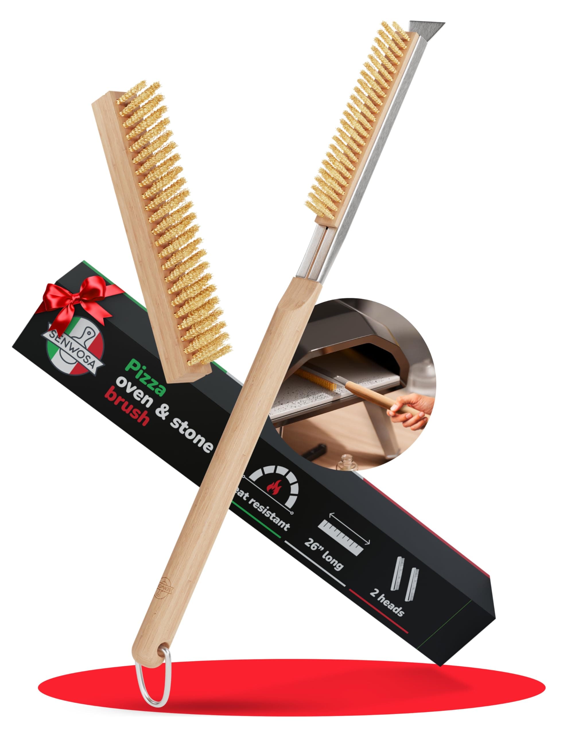 Pizza Oven Brush with Stone Scraper - 66 cm - Stainless Steel Bristles, Extra Long Handle, Heat-Resistant - Compatible with Ooni Ovens - Includes Spare Head