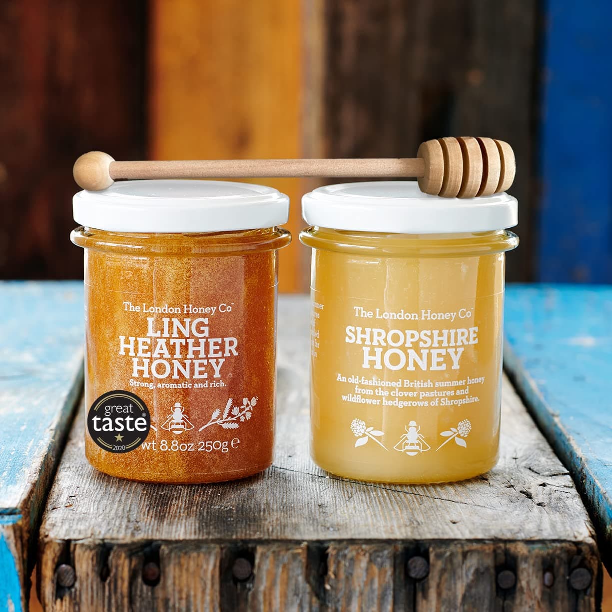 The London Honey Company - Pure British Summer Honey -Duo (250g x 2 Jars)+ Wooden Dipper-Ling Heather & Shropshire Creamed - Pure Raw Unpasteurised Natural