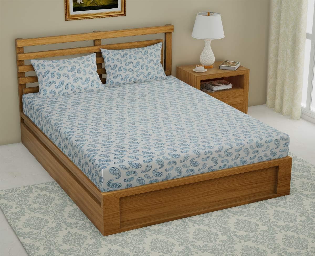 LINENWALAS 100% Cotton Linen Fitted Sheet for Super King Bed Size Bedding with Pillow Cover for Bedroom, Soft Smooth Hotel Quality Jaipuri Printed Bedsheets for Summer (78x78 Inch, Blue Paisley)