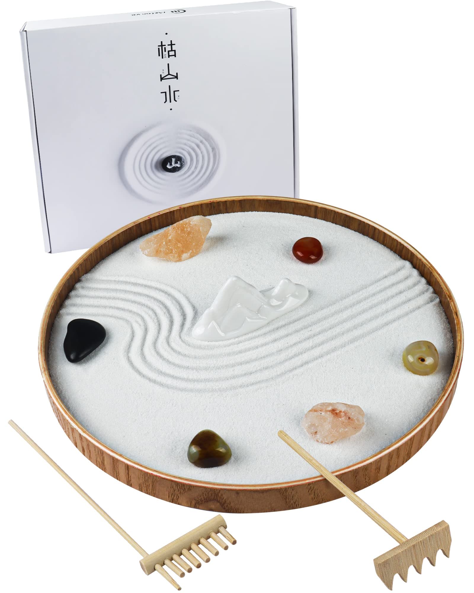 Japanese Zen Garden for Desk - Static Mountain 10" x 10" Desktop Mini Zen Garden with White Sand Artificial Tree Rocks Rakes & Accessories - Meditation Zen Gifts Sand Garden Kit for Office Zen Decor