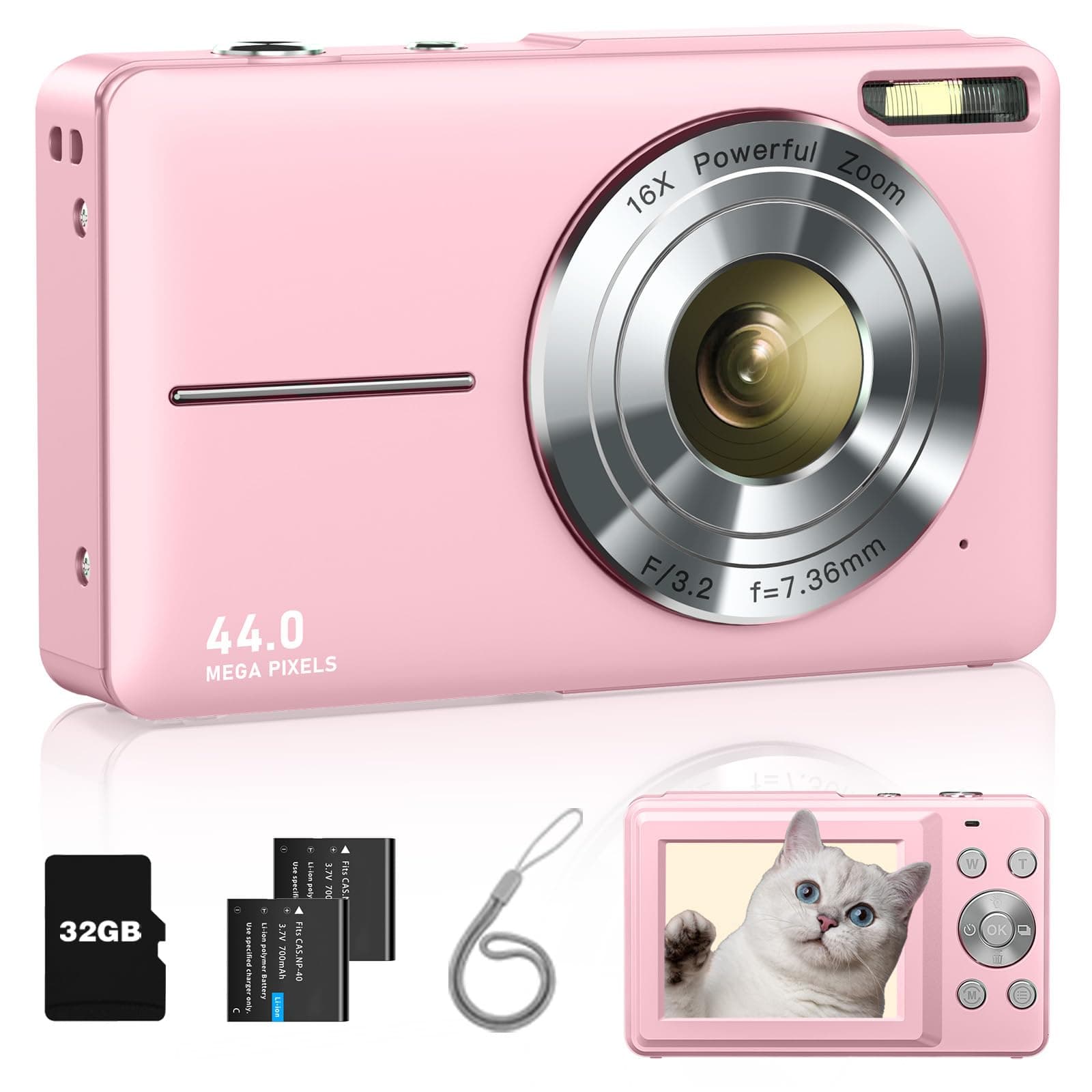 Digital Camera, FHD 1080P Kids Camera w/ 32GB Card, 2 Batteries, Lanyard, 16X Zoom Anti Shake, 44MP Compact Portable Small Point & Shoot Cameras Gift Kids Student Children Teens Girl Boy(Pink)