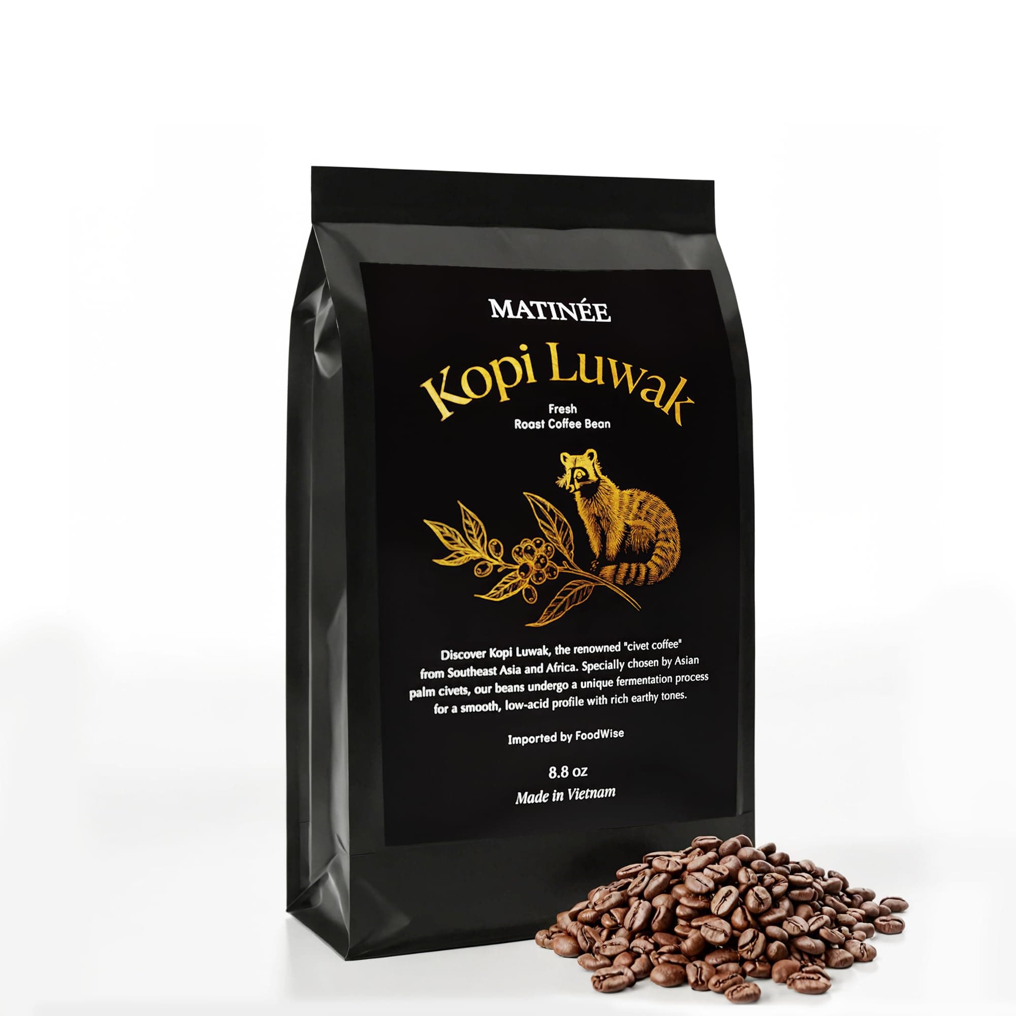 MATINÉE Wild Kopi Luwak Coffee Beans, Medium Roast, Whole Bean Beans, Civet Coffee - Sustainably Sourced From Vietnam, 8.8oz / 250 Grams