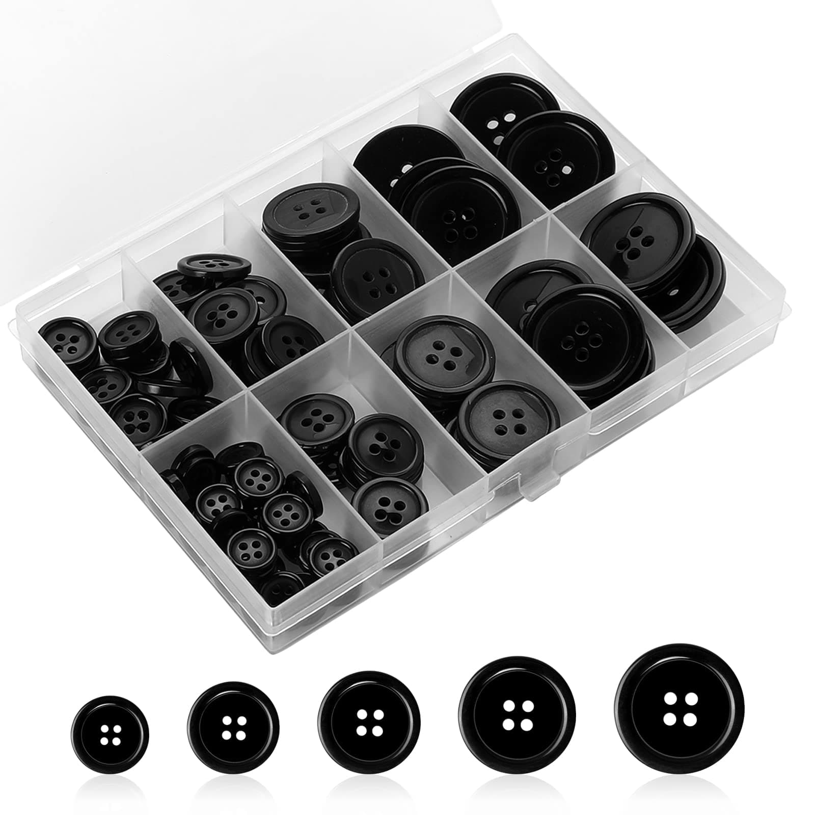 100 Pcs Sewing Buttons Round Black Buttons Resin 4-Hole Craft Buttons 5 Sizes Mixed Sewing Buttons Suitable for Sewing Suit Coat Shirt and DIY Decoration