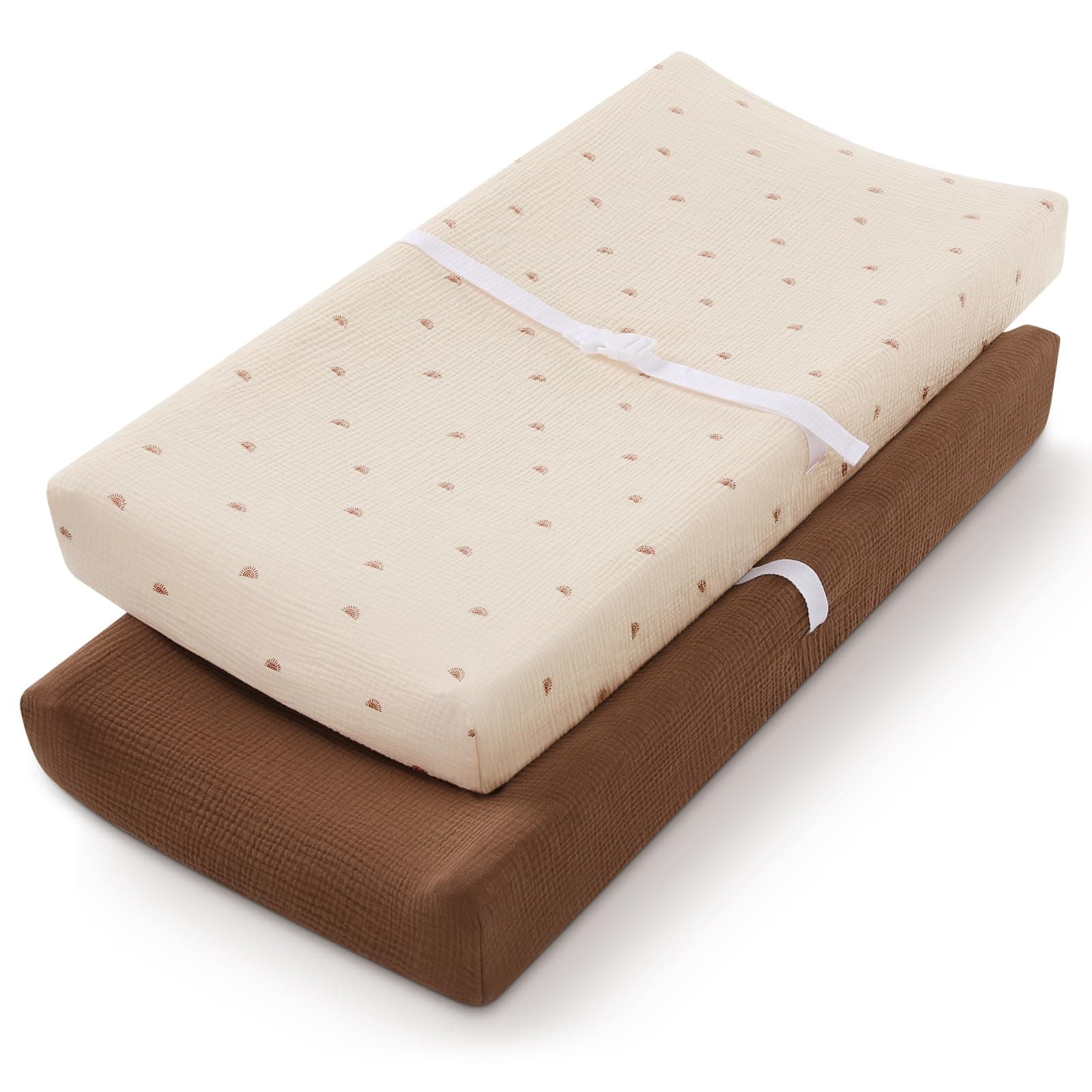 Blissful Diary Muslin Changing Pad Cover for Girls Boys, Ultra Soft Breathable Cotton, Baby Diaper Change Table Pad Covers, 2Pack (Sunshine&Brown)