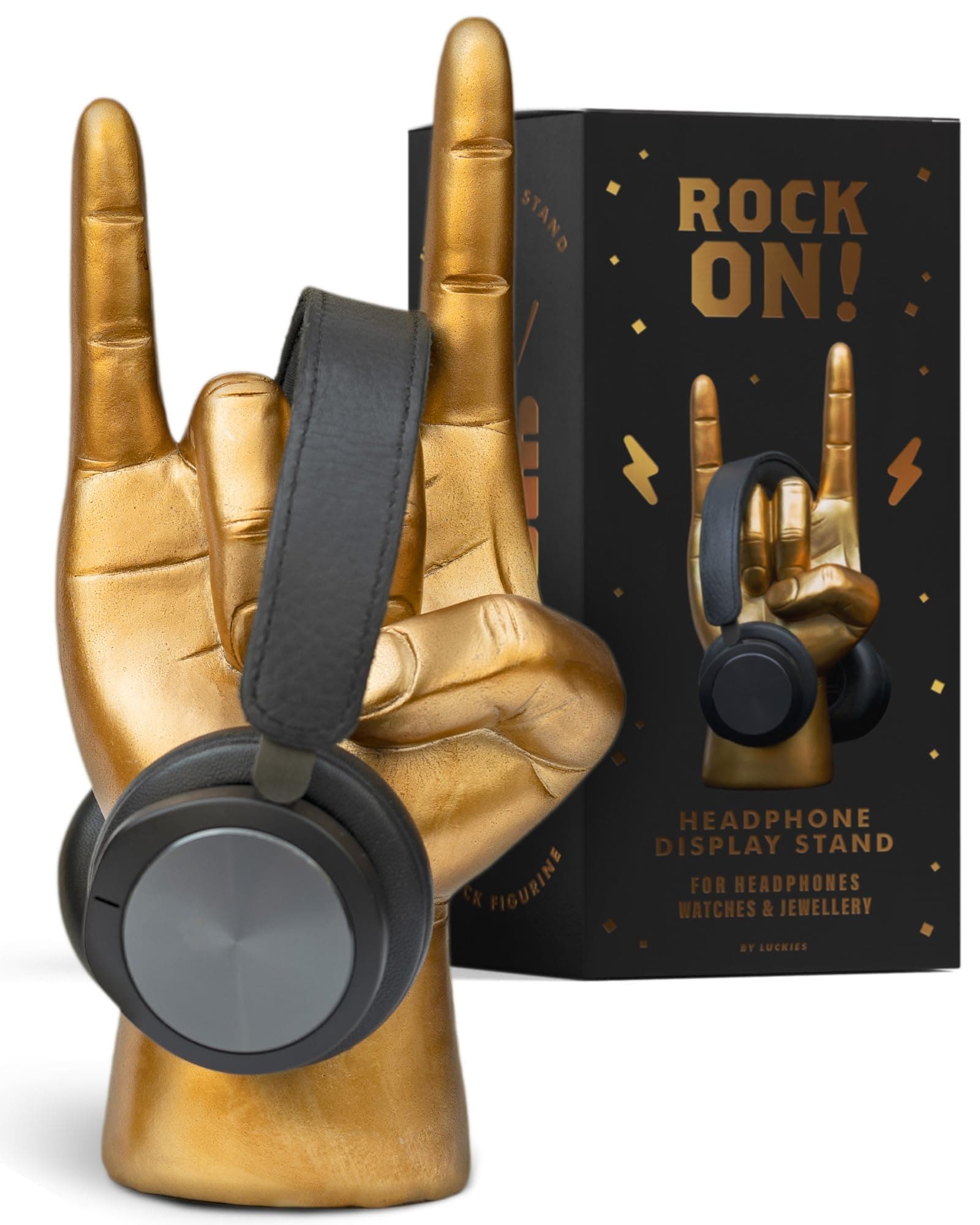 Luckies Headphone Stand | Headphone Holder | Rock On Hand | Headset Stand | Mens Jewellery Holder | Mens Desk Accessories | Controller Holders | Guitar Accessories | Desk Tidy | Dad Rock Gifts | Gold