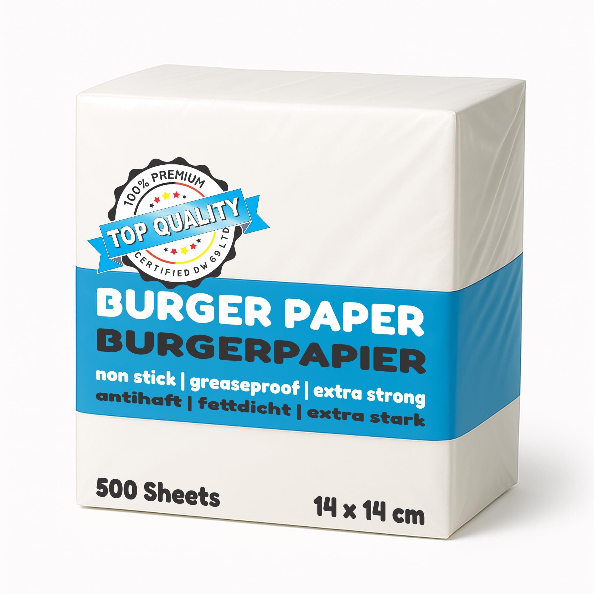 500 Burger Paper Sheets Square | Greasproof Baking Paper | Wax Paper for Hamburgers, Press, Grill | Non-Stick | 14 x 14 cm