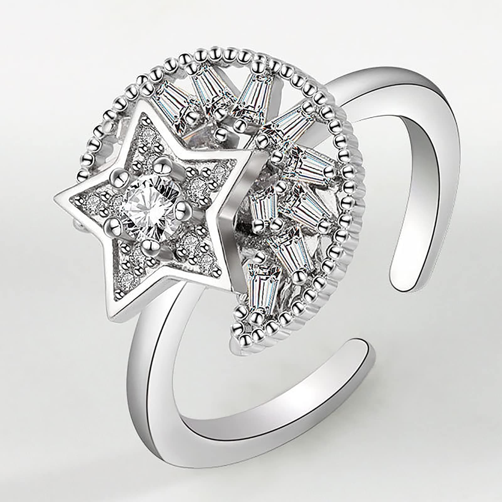 Women Anxiety Rings S925 Sterling Silver Zirconia Rotatable Adjustable Open Star Crescent Moon Fidget Ring For Gift Wedding Promise Birthday Jewelry,B
