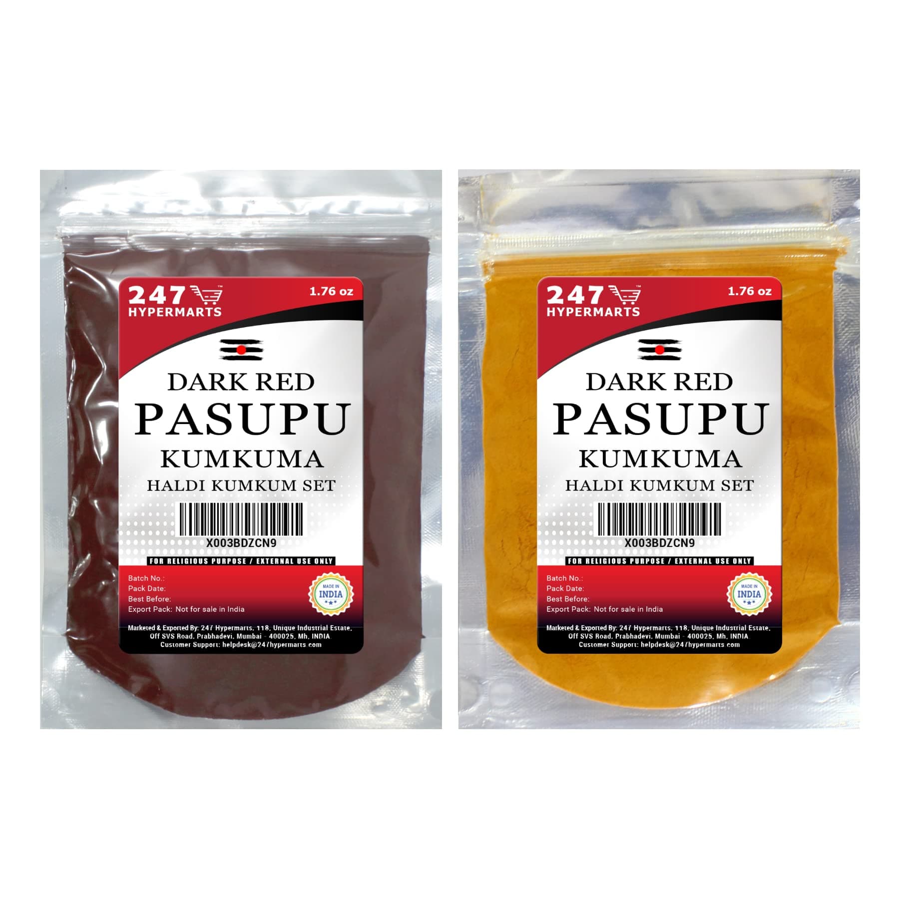 247 Hypermarts Pasupu Kumkuma Pack (Haldi 50g + Dark Red Kumkum 50g) Tamboolam Haldi Kumkum Packets. Thamboolam Set, Kumkum Turmeric Combo Set Return Gift.