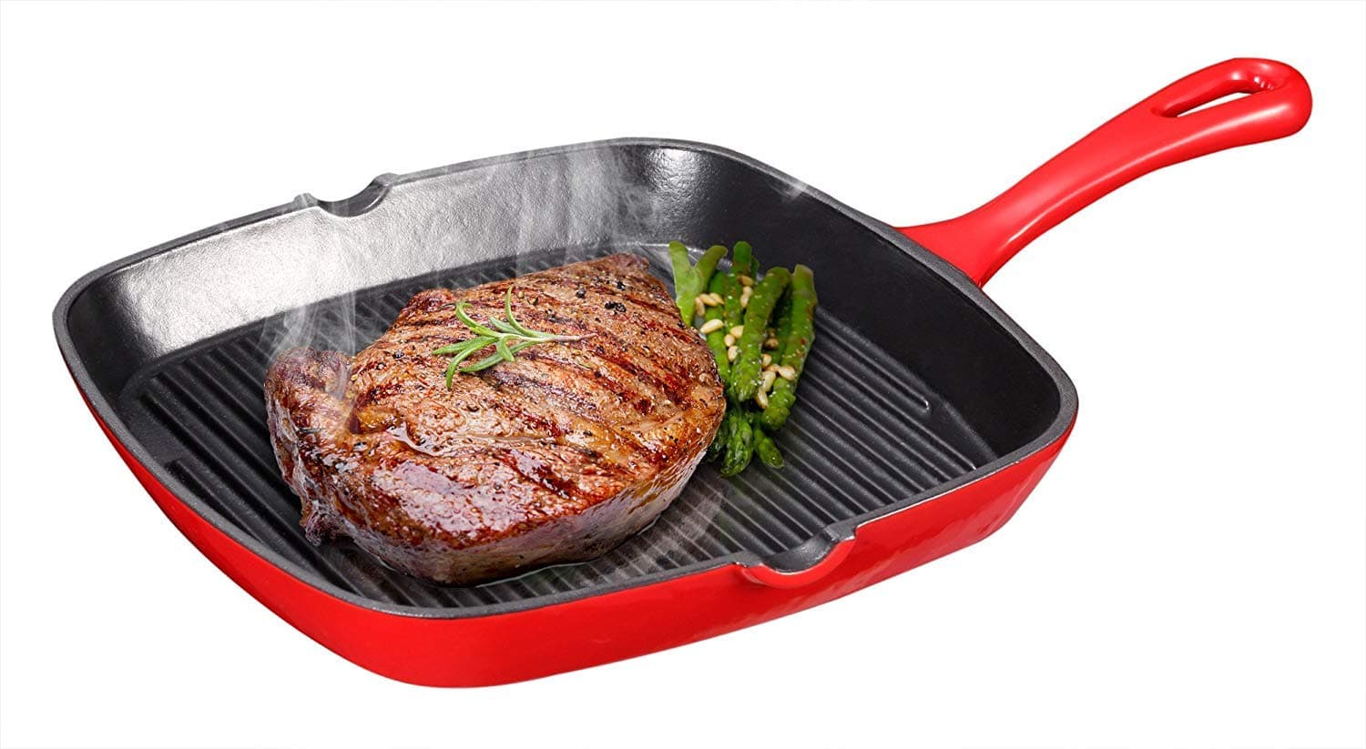 Unicook Enameled Cast Iron Skillet Pan, Heavy Duty Square Frying Pan, Griddle Pan, Oven Safe Ribbed Cookware, Perfect for Steak, Panini's and More, 23.5cm/9.25 Inch, 2.4kgs Heavyweight, Red