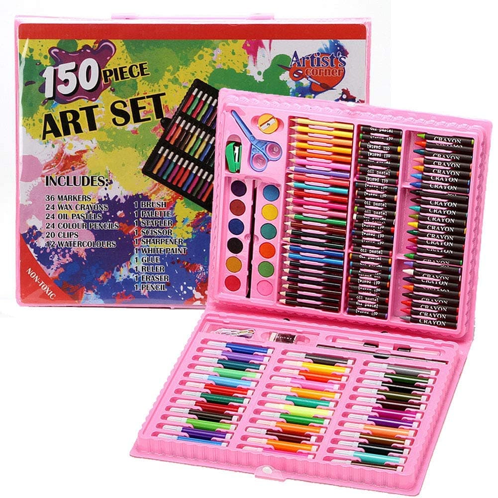 ShubanPlastic Deluxe Art Set Box & Drawing Kit with Crayons, Oil Pastels, Colored Pencil Best Rakhi Gift (150Pcs -Pink)