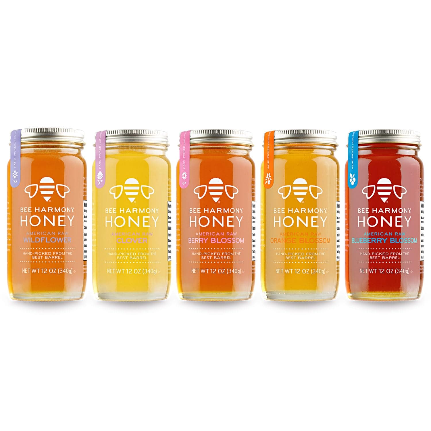 Honey 5 Pack Variety Pack, Contains 5 jars, 12 ounces each (Clover, Wildflower, Orange Blossom, Berry and Blueberry)