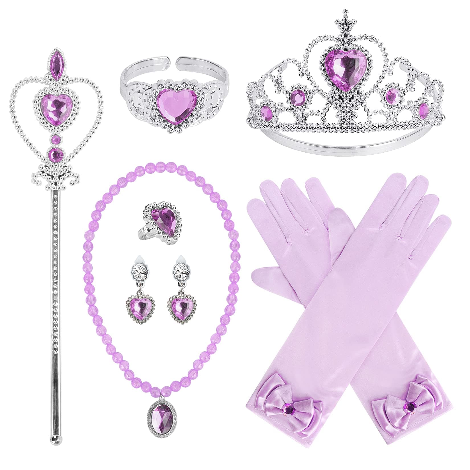 Princess Dress Up Party Accessories for Princess Costume Gloves Tiara Wand Necklace Earrings Bracelet and Ring Gift Set 9pcs (Purple, Set of 7, 9pcs)