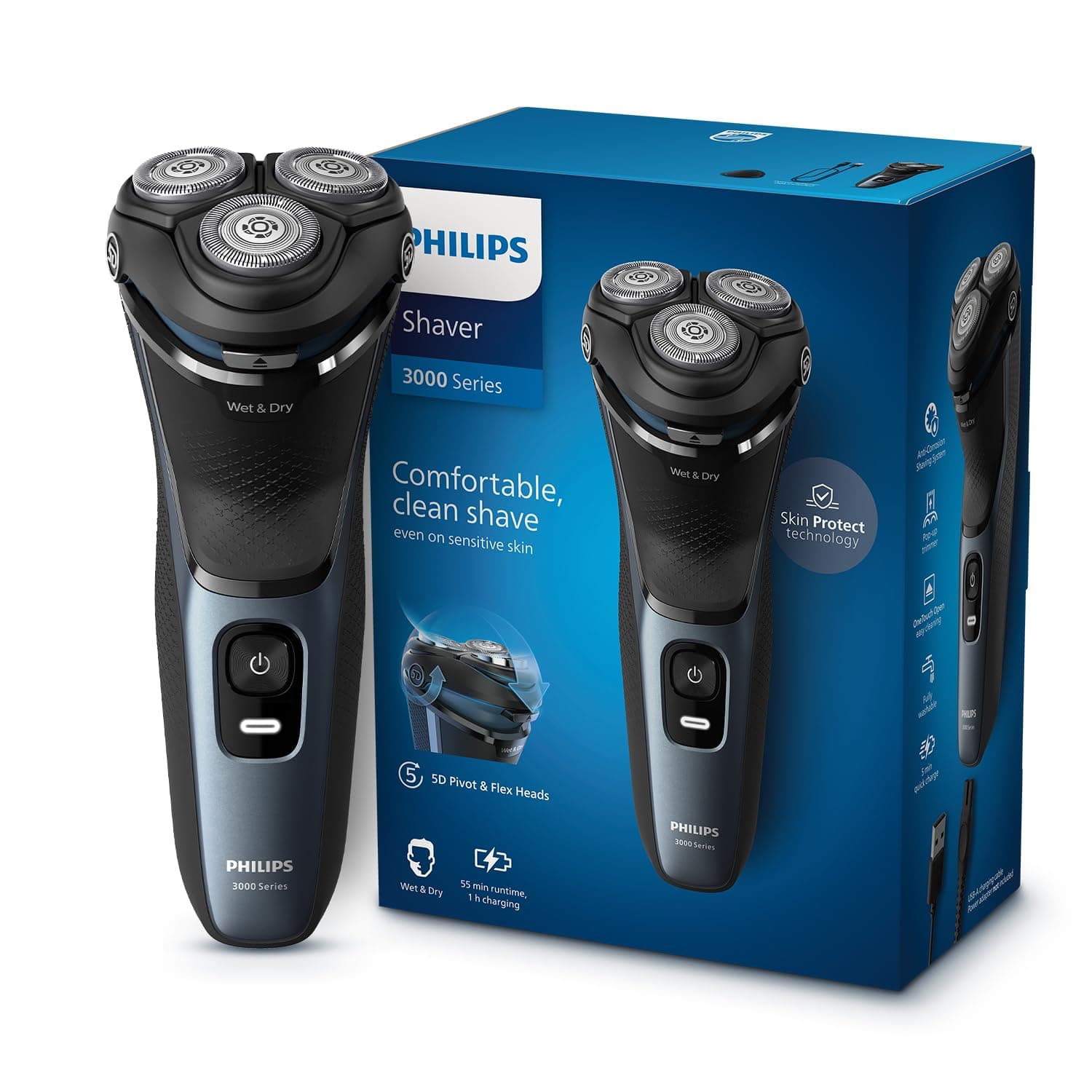 Philips Electric Shaver For Men | Comfortable Clean Shave on Sensitive Skin | Skinprotect Technology | Wet And Dry | 5D Pivot & Flex Heads | Anti-Corrosion System | 5 Min Quick Charge | Pop-Up Trimmer | Waterproof | 2 Year Warranty | S3144/03 , Black