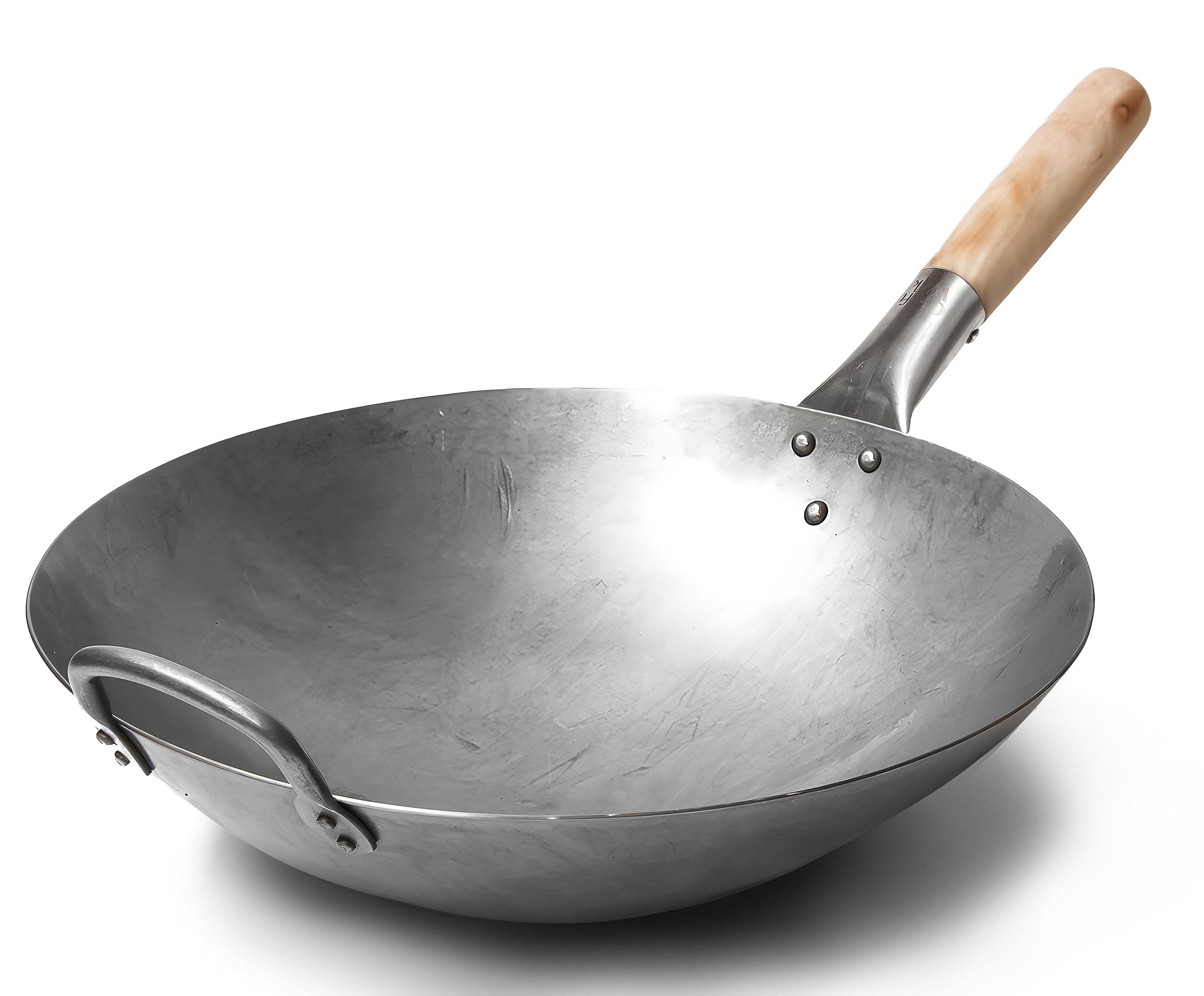 Traditional Hand Hammered Carbon Steel Pow Wok with Wooden and Steel Helper Handle (14 Inch, Round Bottom)/731W88