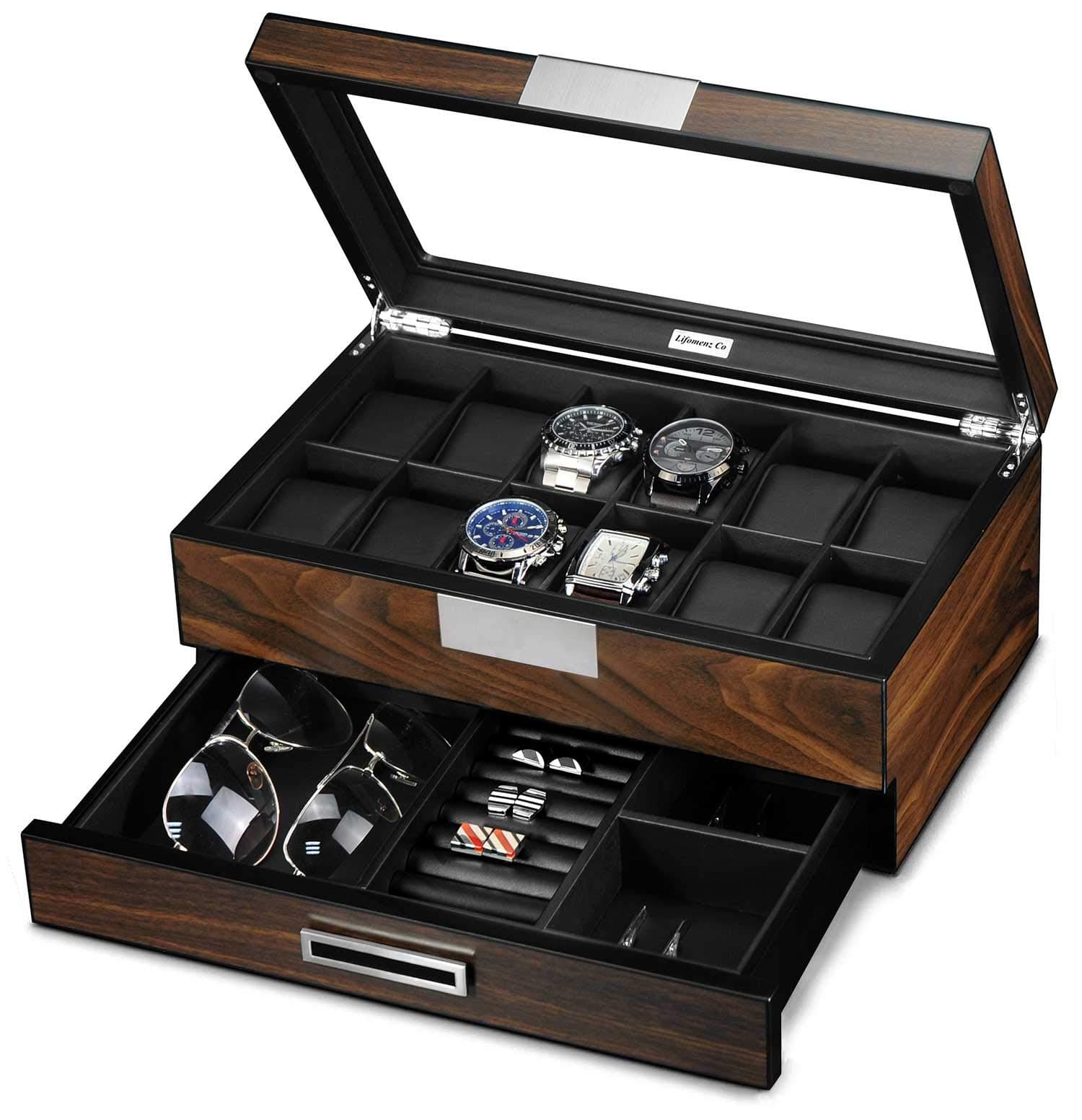 Lifomenz Co 12 Slot Wooden Watch Box - Premium Walnut Men's Watch Display Case with Valet Drawer, Real Glass Window & Luxury Leather Interior