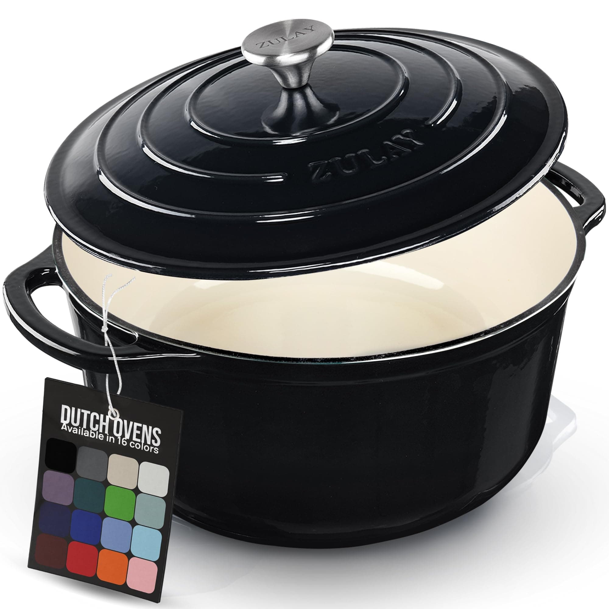 Zulay Kitchen 6.4 Quart Enameled Cast Iron Dutch Oven Pot with Lid – Premium Durability & Oven Safe up to 500°F – Heavy Duty Cookware Perfect for Bread Baking, Stews, Braising & Roasting - Black