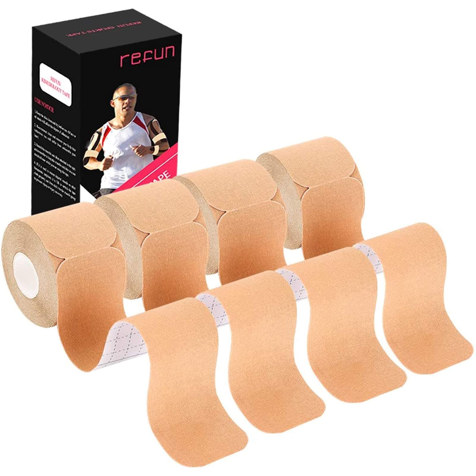 REFUNKinesiology Tape Precut (4 Rolls Pack), Elastic Therapeutic Sports Tape for Knee Shoulder and Elbow, Pain Relief, Waterproof, Latex Free, 2" x 16.5 feet Per Roll, 20 Precut 10 Inch Strips Beige