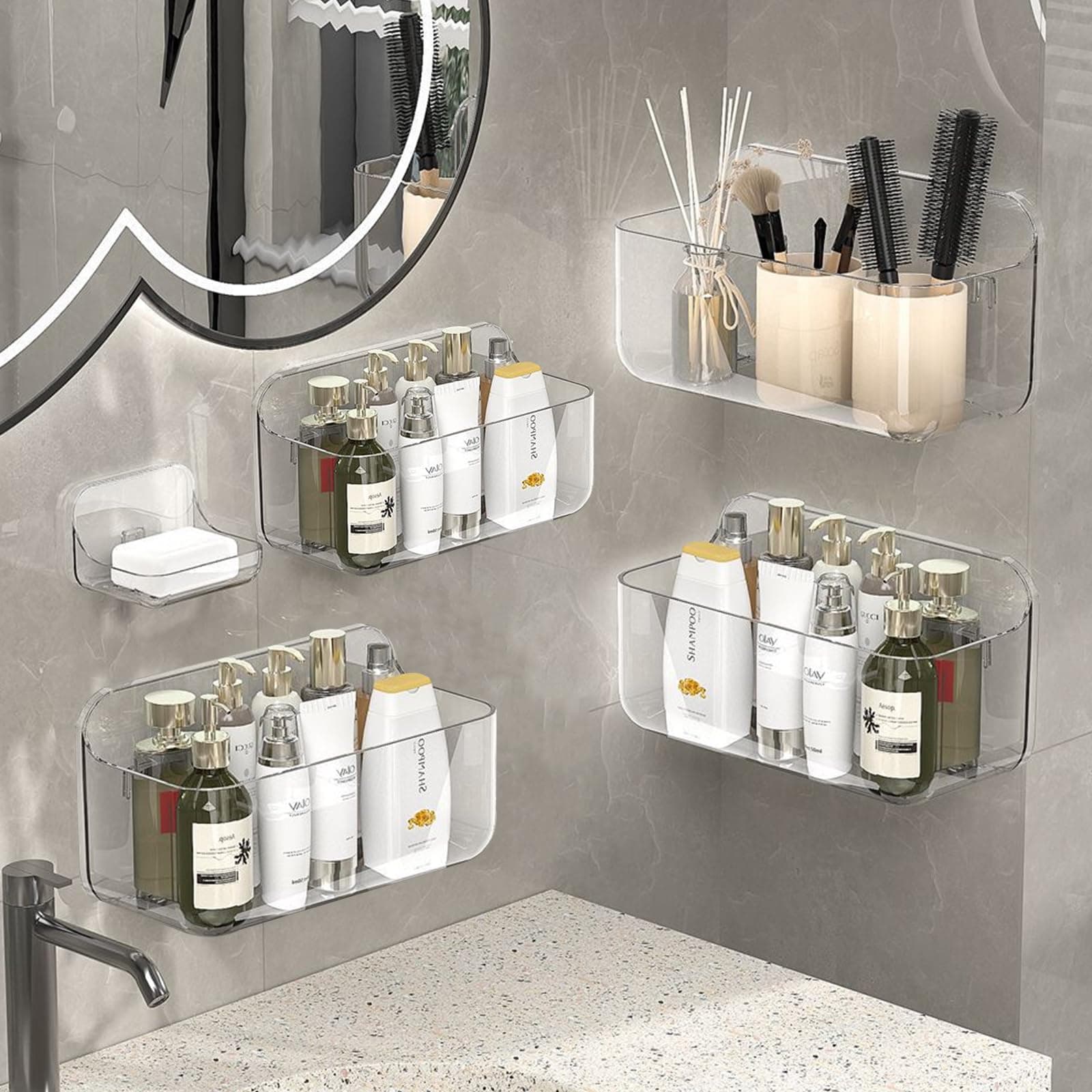 4 Pack Shower Caddy Suction Acrylic Shower Shelves No Drilling Adhesive Shower Caddy Shelf Shower Rack Wall Mounted for Bathroom, Kitchen