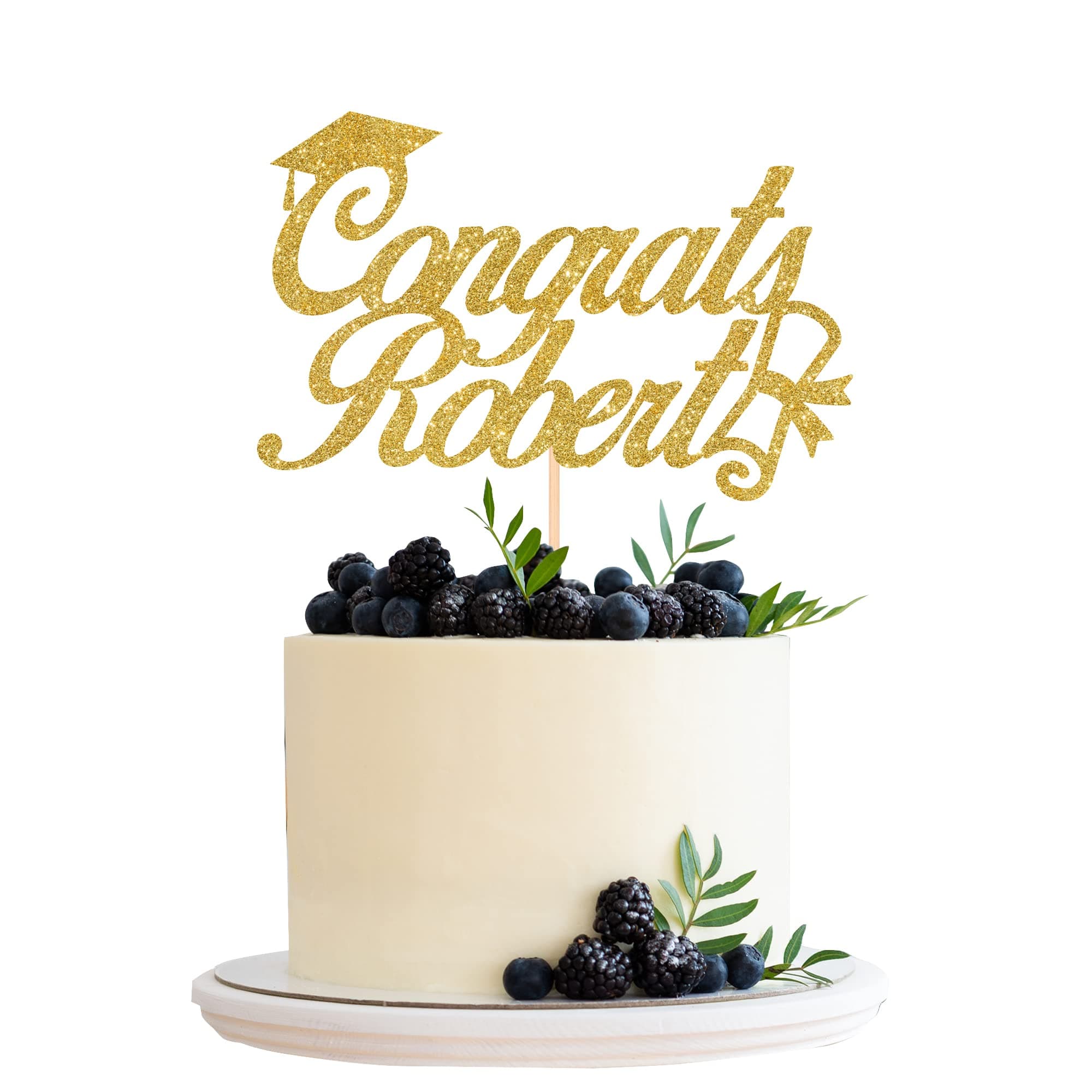 Pomchick, Personalised Congrats Name Glitter Cake Topper, Approx. 6β, Gold Silver Black +6 Colours, Graduation Hat Prom Diploma Scroll Cap Class of Theme Birthday Party Decoration