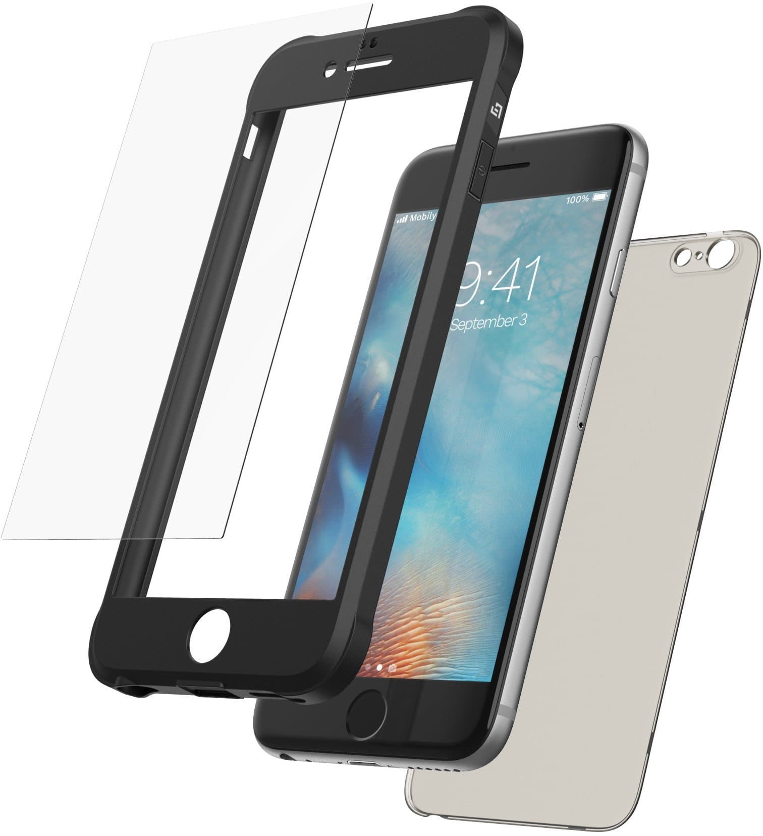 Mobilyos iPhone 6s 360° Full Body Case + Tempered Glass Screen Protector, Front and Back Case with Silicone Bumper, iPhone 6 360° Shockproof Case with Built-In Smoked Transparent Back Cover (Black)