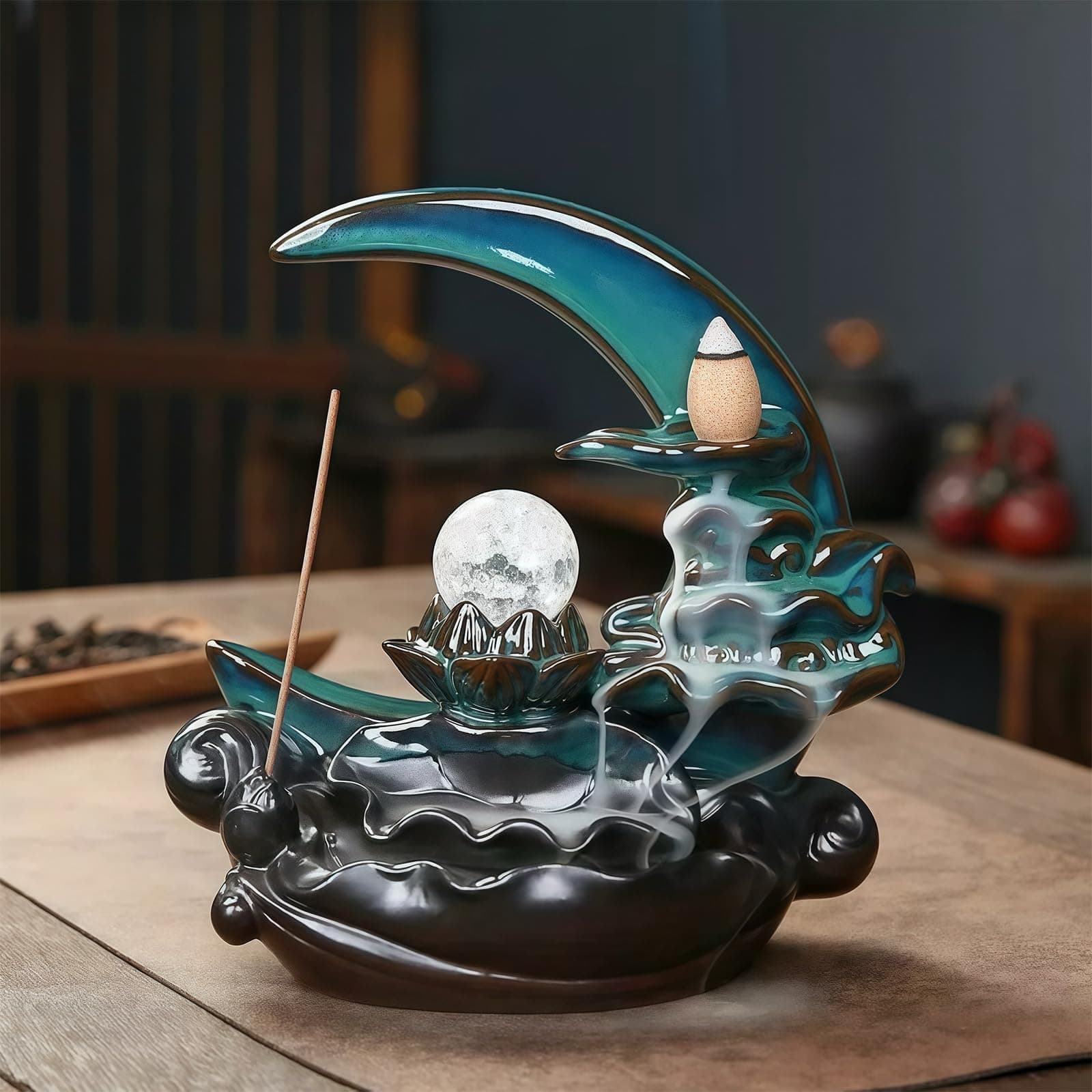 Moon Backflow Incense Burner,Ceramic Incense Cone Holder, Incense Waterfall Fountain,Backflow Incense Holder with 60 Backflow Incense Cones and 40 Incense Sticks