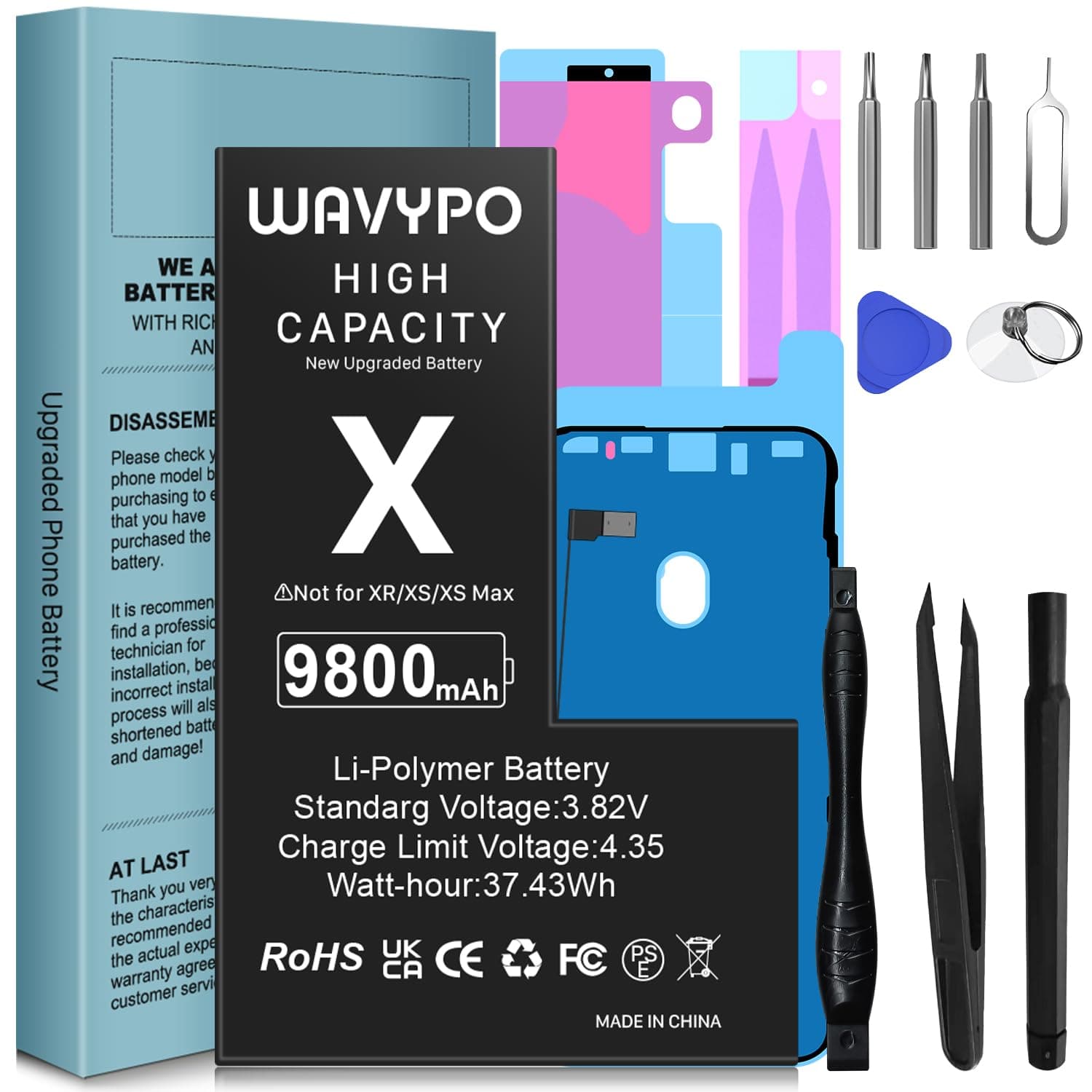 WAVYPO [9800mAh] Battery for iPhone X, Upgraded New Version High Capacity 0 Cycle Battery Replacement for iPhone X A1865, A1901, A1902 with Full Replacement Tool Kit and Instruction