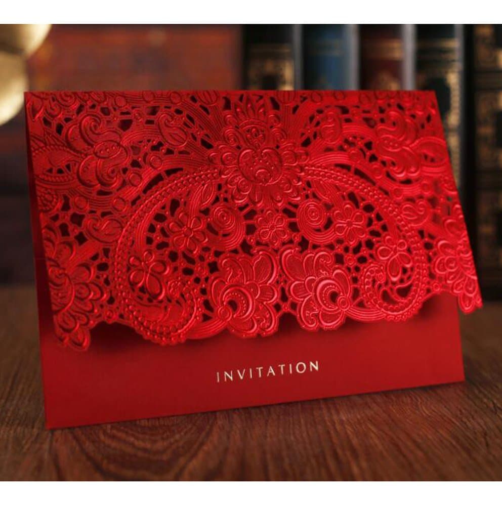 WOMHOPE 50 Pcs - Elegance Lace Emboss Laser Cut Card Wedding Invitation Party Folding Invitations Cards Birthday Invitations Cards Wedding Favors Party Favors (Red + White Envelope (Set of 50 pcs))