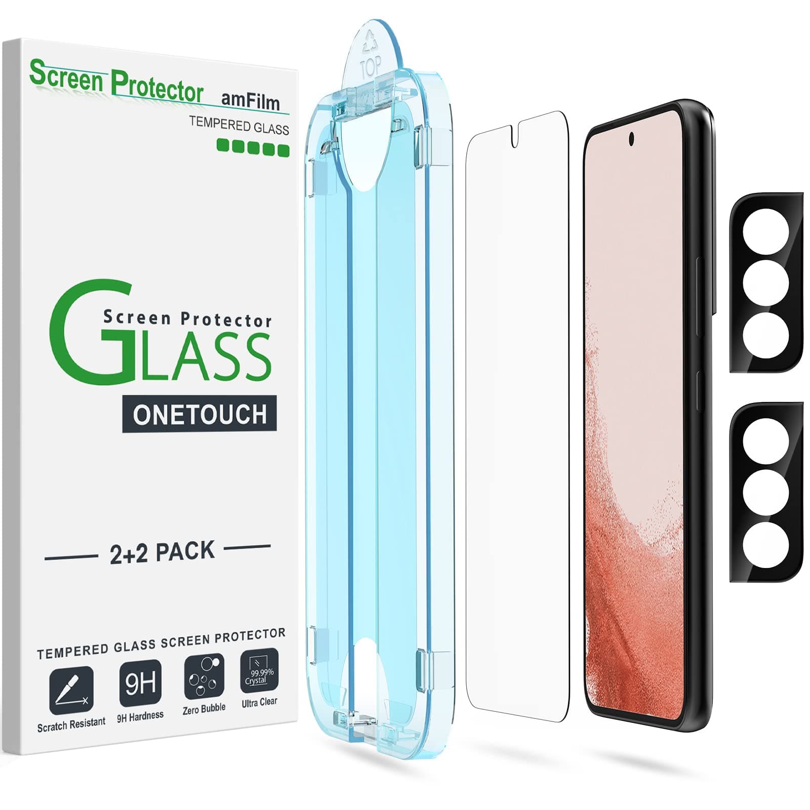 amFilm [2+2 Pack OneTouch Tempered Glass Screen Guard Protector For Samsung Galaxy S22 Plus 5G 6.6 Inch, 9H Hardness With Camera Lens Protector, Easiest to Installation, Case Friendly and Bubble Free