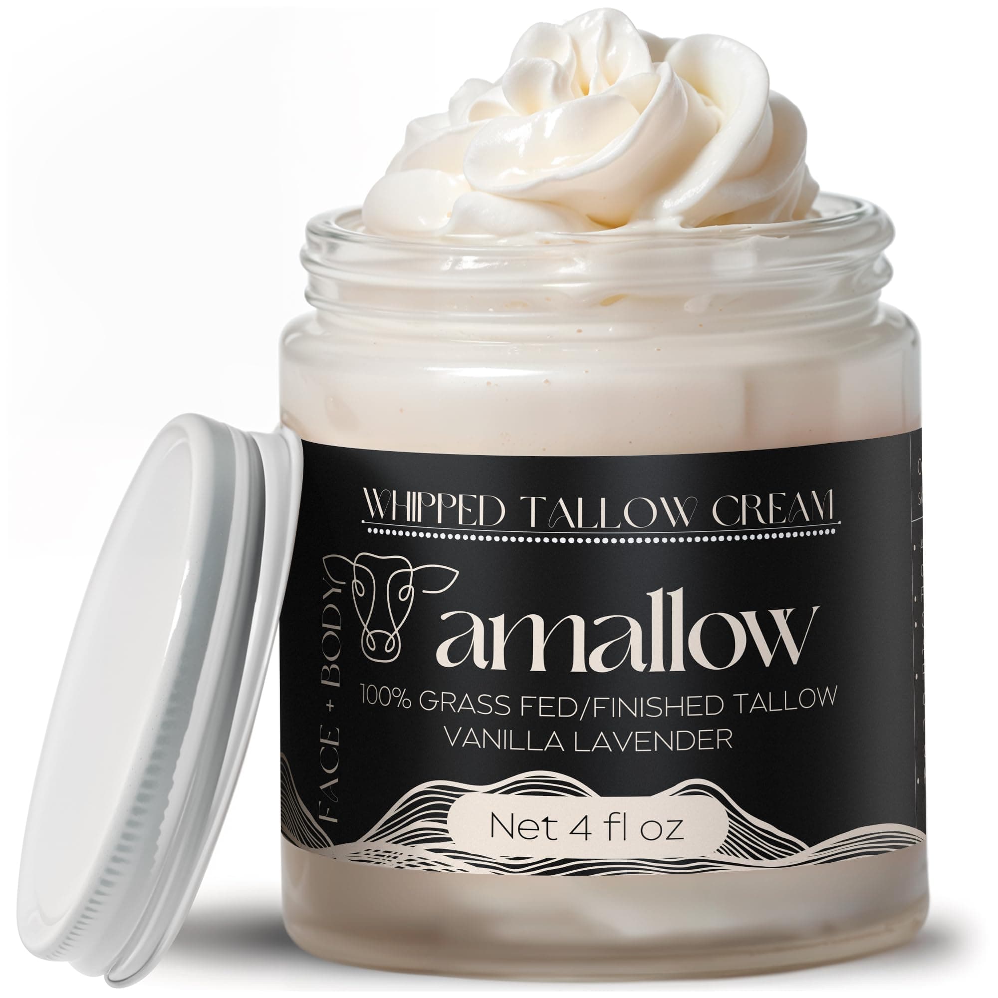 100% Grass Fed Beef Tallow for Skin Care - Face + Body - Whipped Moisturizer - Natural Lotion, 4 FL. oz. (Vanilla Lavender)