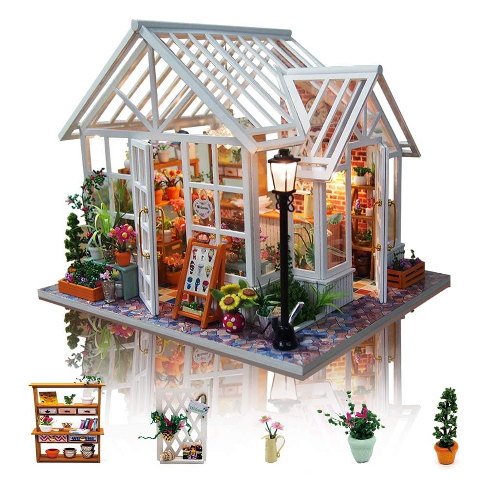 GuDoQi Miniature Dolls House Kit with Music, DIY Miniature House Model Kits for Adults to Build, Handmade Crafts Kit, Room Decoration, for Birthday, Flower Shop