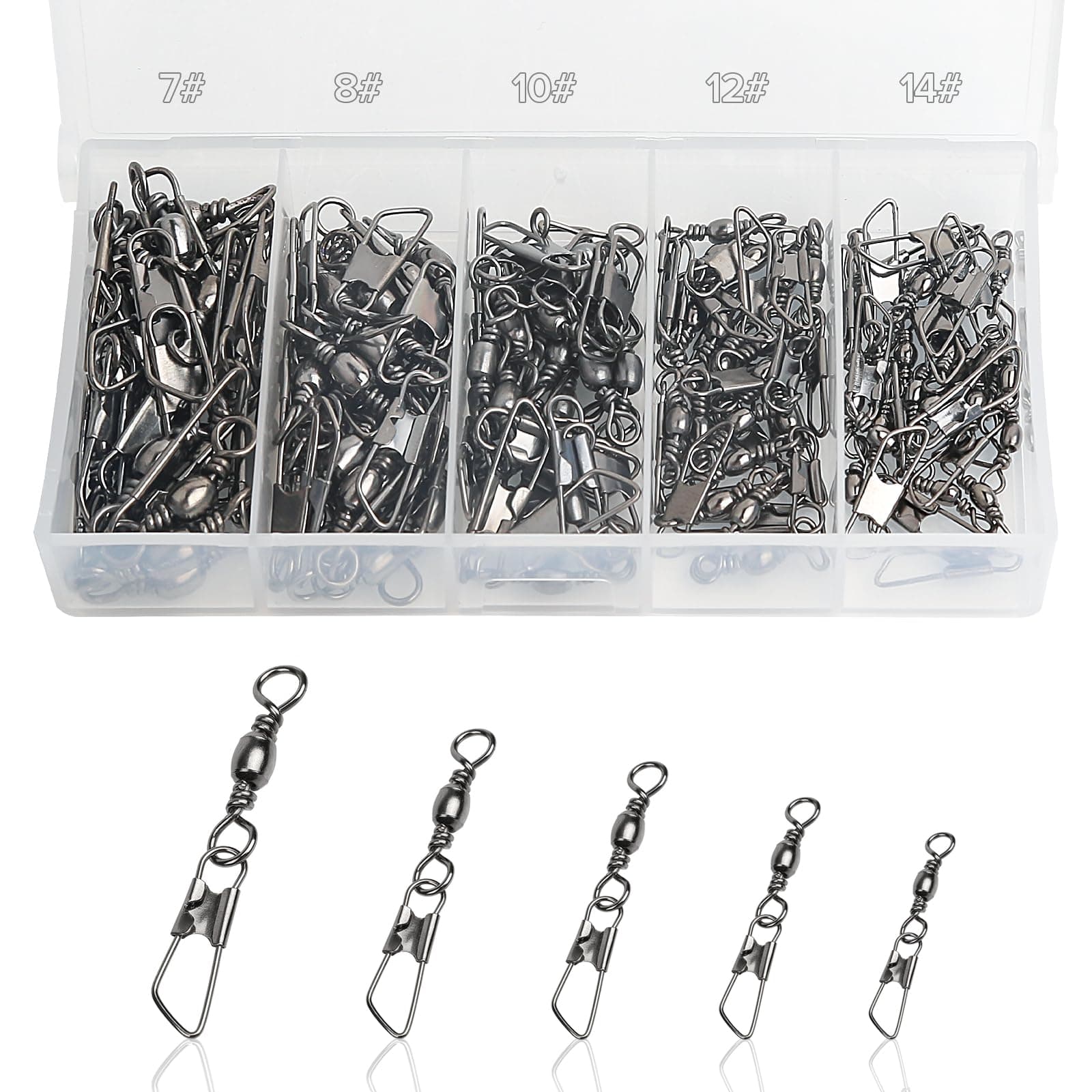 Realure 100/200 Pcs Fishing Swivels and Clips Safety Snaps Swivels Fishing Tackle Sea Fishing Swivels Rolling Swivel for Quick Change Swivels Fishing Hook to Line Connectors 7# 8# 10# 12# 14#