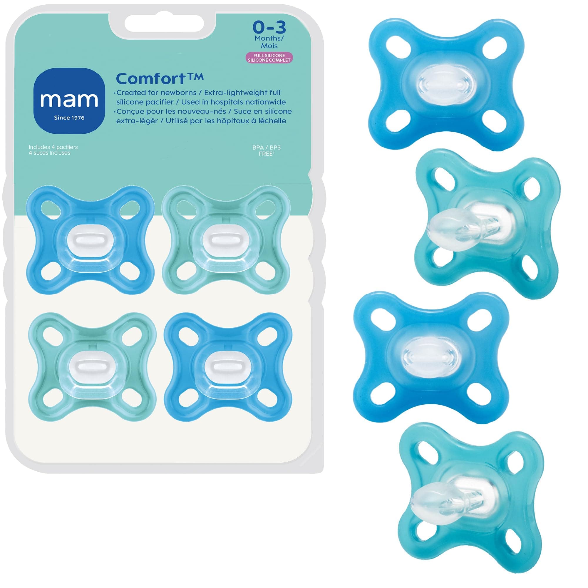 Comfort Baby Pacifier, 100% Lightweight Silicone, 0-3 Months, Baby Boy (Pack of 4)