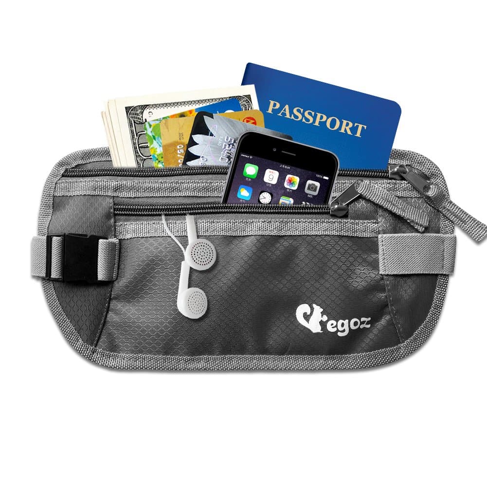 Egoz Travel Money Belt RFID Blocking - Under Clothes Waist Bag - Hidden Security Pouch For Cash Cards Passport Tickets - 2 Zip Pockets Adjustable Strap Side Clip Washable Light Slim Comfort (Grey)