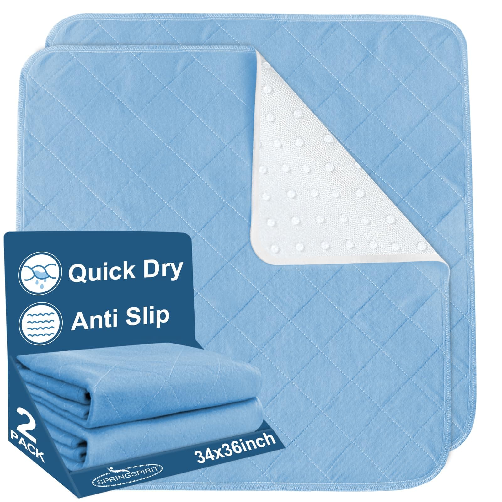 SPRINGSPIRIT Bed Pads Washable Waterproof(2 Pack, 34 x 36), Washable and Reusable Incontinence Chuck Pads Anti Slip Pee Pads Underpad Sheet Protector for Adults, Elderly, Kids, Toddler and Pets, Blue