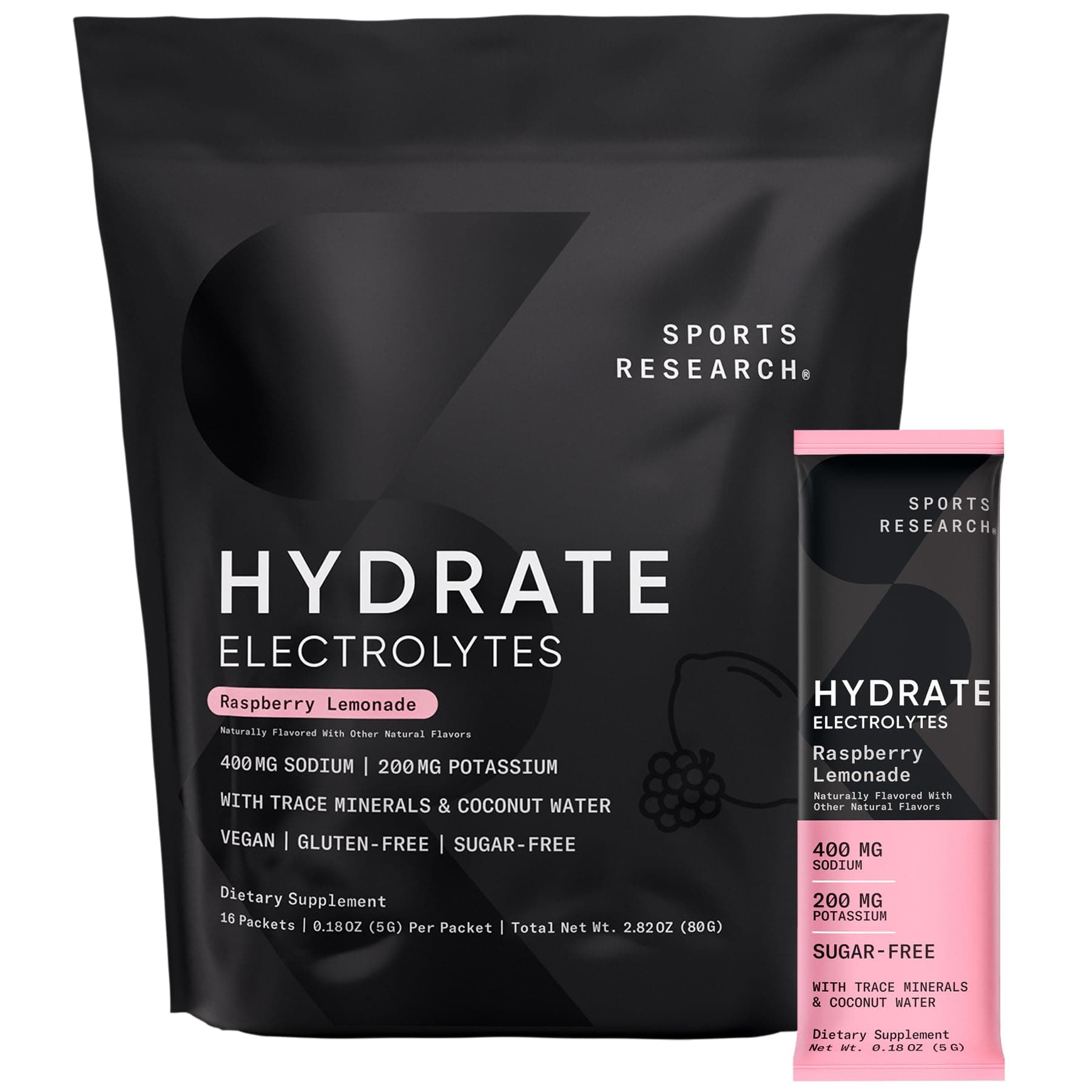 Hydrate Electrolytes Powder Packets - Sugar-Free & Naturally Flavored with Vitamins, Minerals, and Coconut Water - Supports Hydration - 16 Packets - Raspberry Lemonade