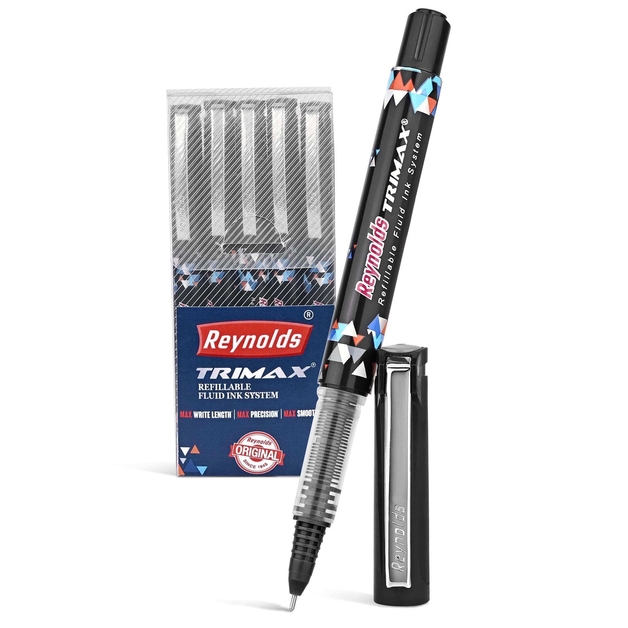 Reynolds TRIMAX RollerBall Pen SET - 5 PENS BLACK | ROLLER BALL PEN FOR WRITING | PEN FOR STUDENTS & OFFICE STATIONERY | 0.5 mm TIP SIZE