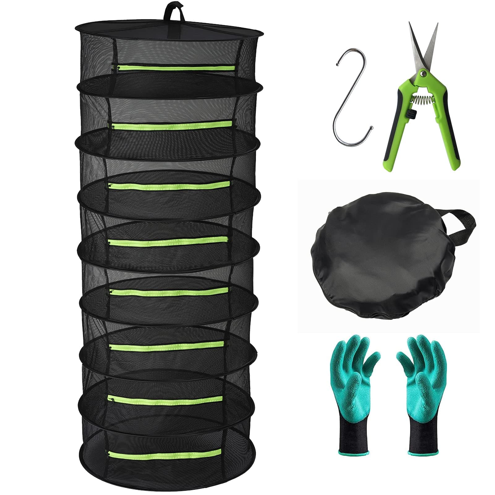 Herb Drying Rack 8 Layer Collapsible Mesh Hanging Drying Net with Zipper, Seropy 2ft Drying Rack with Garden Gloves, Pruning Scissors, Hook, for Drying Seeds, Herb, Bud, Hydroponic Plants 24"D x 63"H