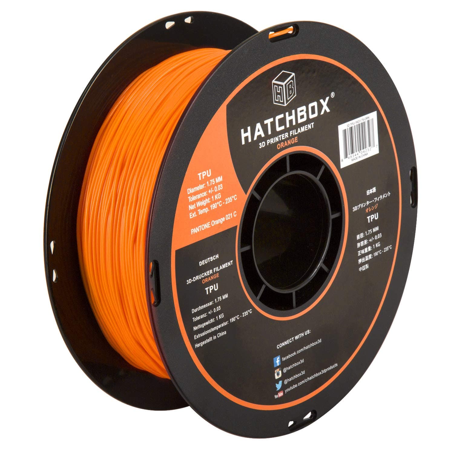 HATCHBOX 1.75mm Orange TPU 3D Printer Filament Shore 95A, 1 KG Spool, Dimensional Accuracy +/- 0.03 mm, 3D Printing Filament