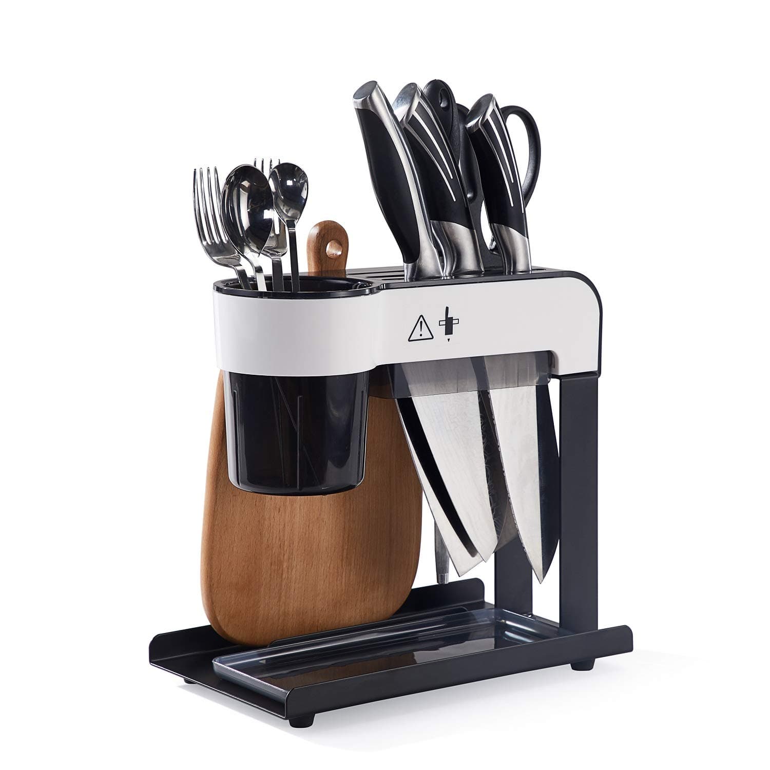 istBoom Knife Block Holder with Slots for Honing Rod and Kitchen Scissors, Black Knife Stand with Utensil and Cutting Board Holder Drainboard, Stainless Steel